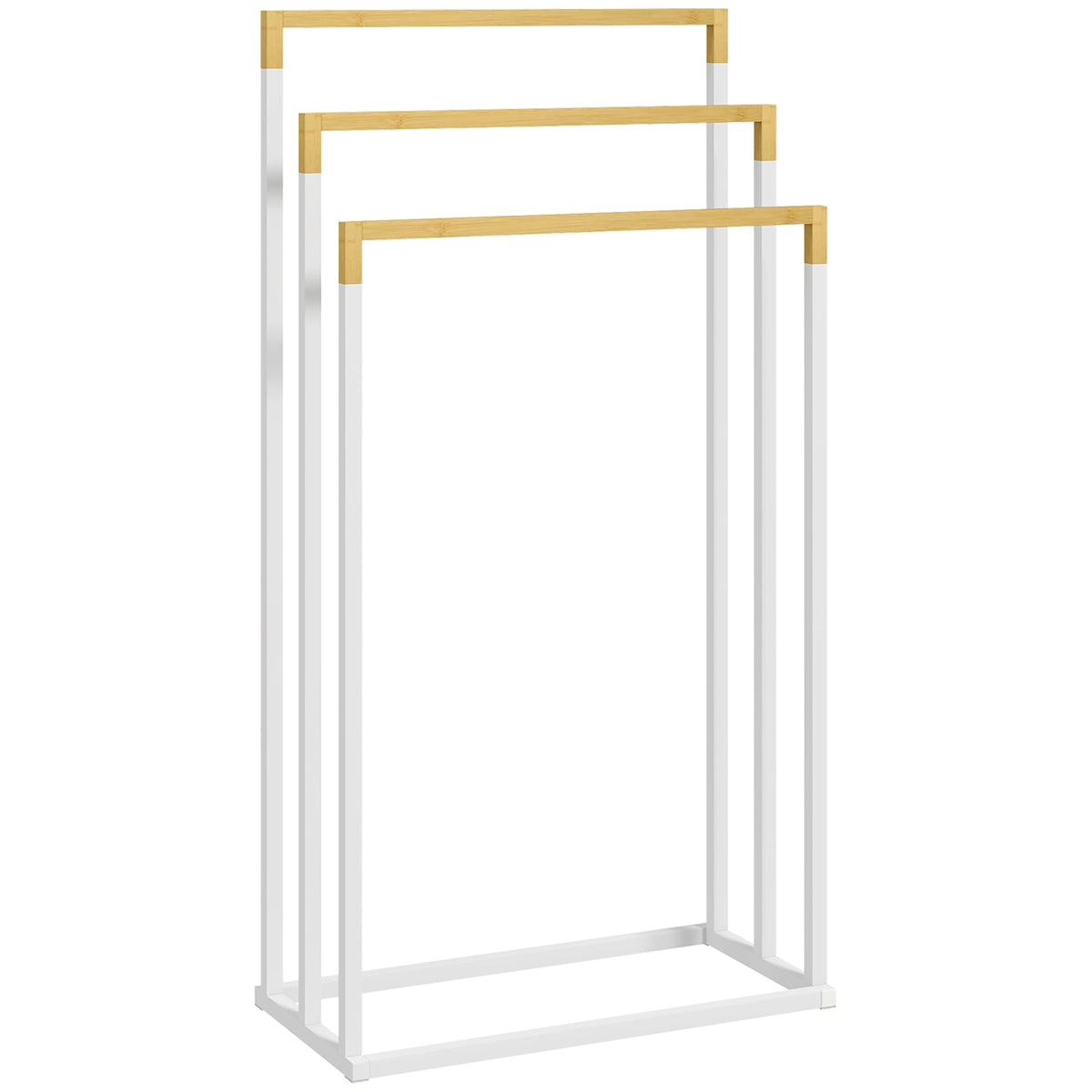 Freestanding bamboo and steel towel rack with 3 towel bars, 45 x 22.5 x 86 cm, white and natural