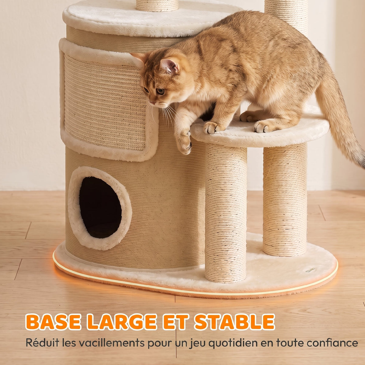 Arbre à Chat Multi-Niveaux avec Tonneau, Double Niche, Lit, Plateforme, Poteaux à Griffer en Sisal, 55x39x90cm, Beige