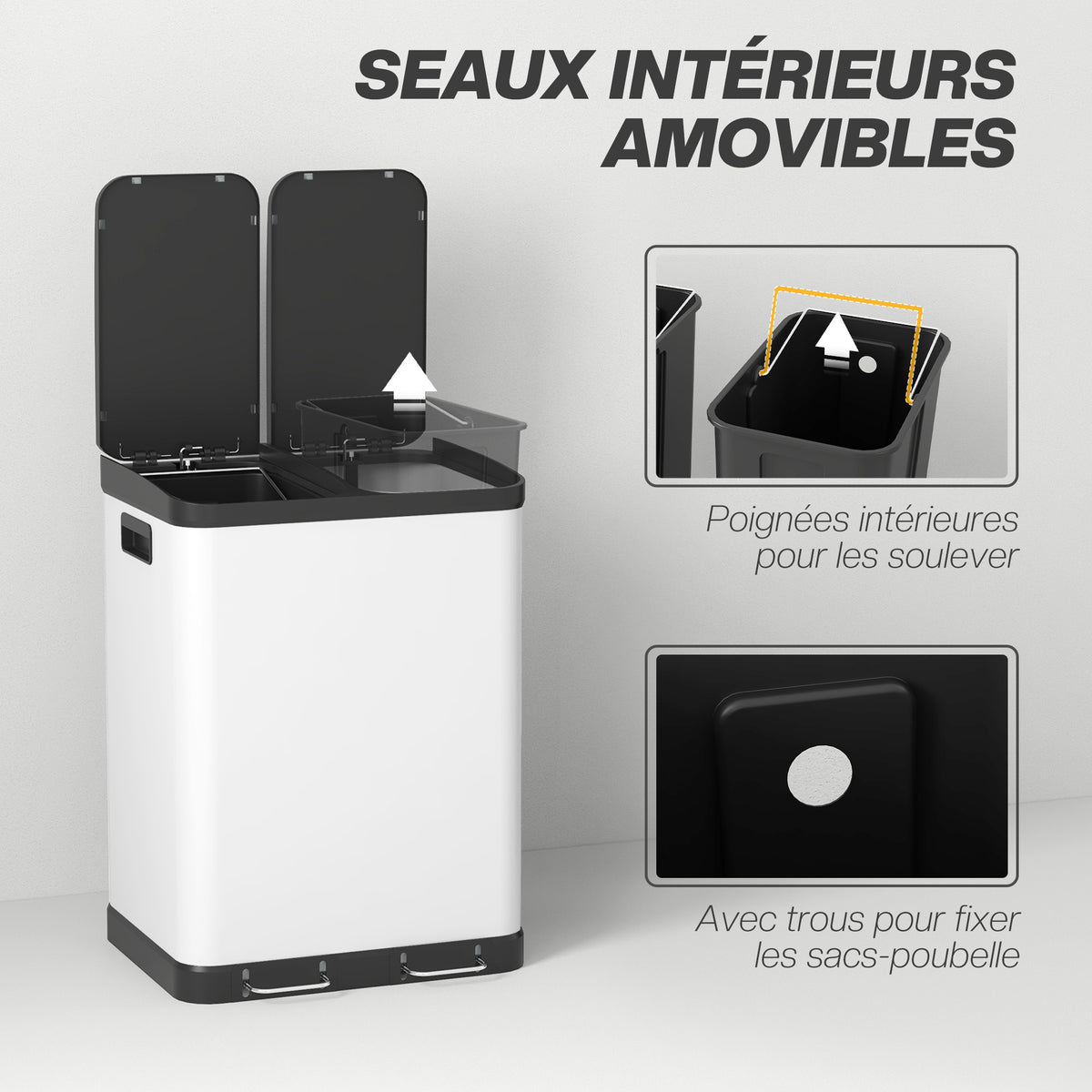 Sukaldeko zaborrontzia, 2 x 30L, metalezko pedalarekin, 2 konpartimentu, ixte leuneko estalkia, 60L, zuria