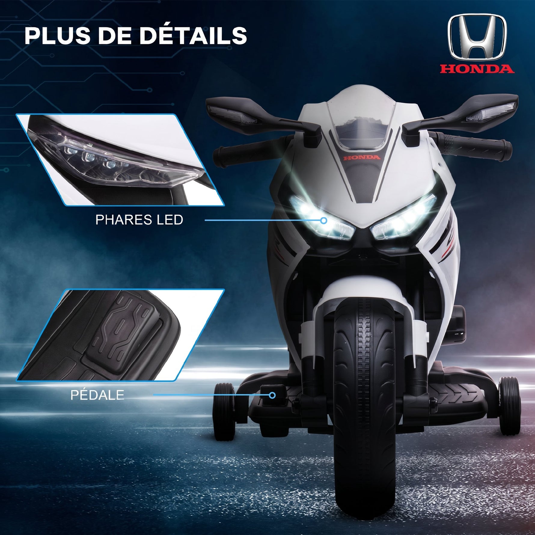 Moto Électrique Enfants sous Licence HONDA 6 V, 3 Km/h, Musique & Lumière, 2 Roues d'Entraînement, Blanc