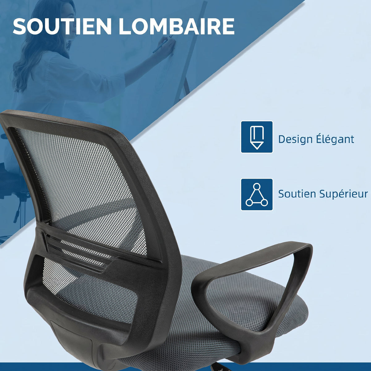Fauteuil de bureau chaise de bureau assise haute réglable tabouret de bureau pivotant 360° maille respirante