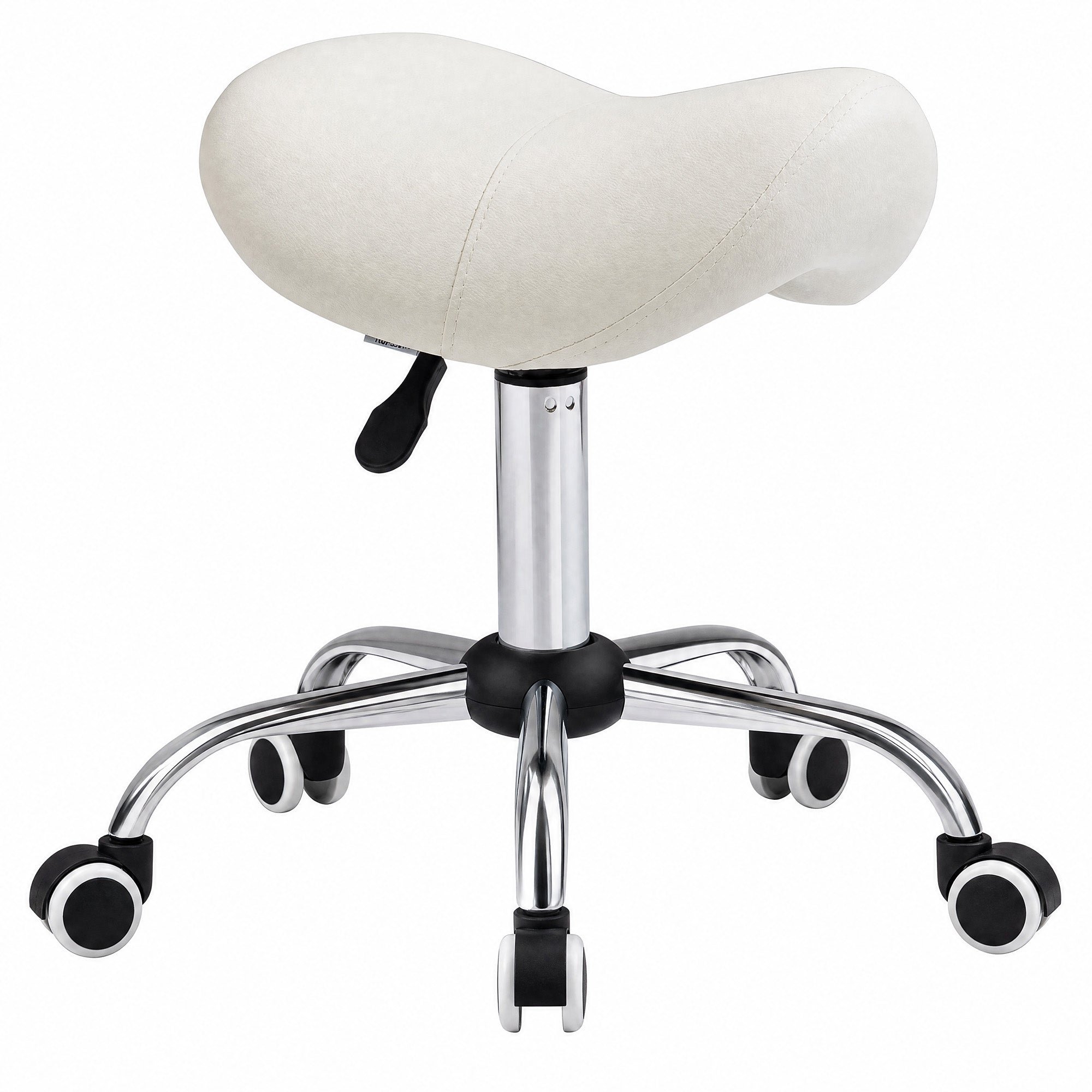 Kruk met wieltjes, massagestoel met verstelbare hoogte 49-61 cm en ergonomisch zadel, 360° draaibare werkstoel met wielen, voor massagesalon, tattoostudio, kliniek, spa, wit