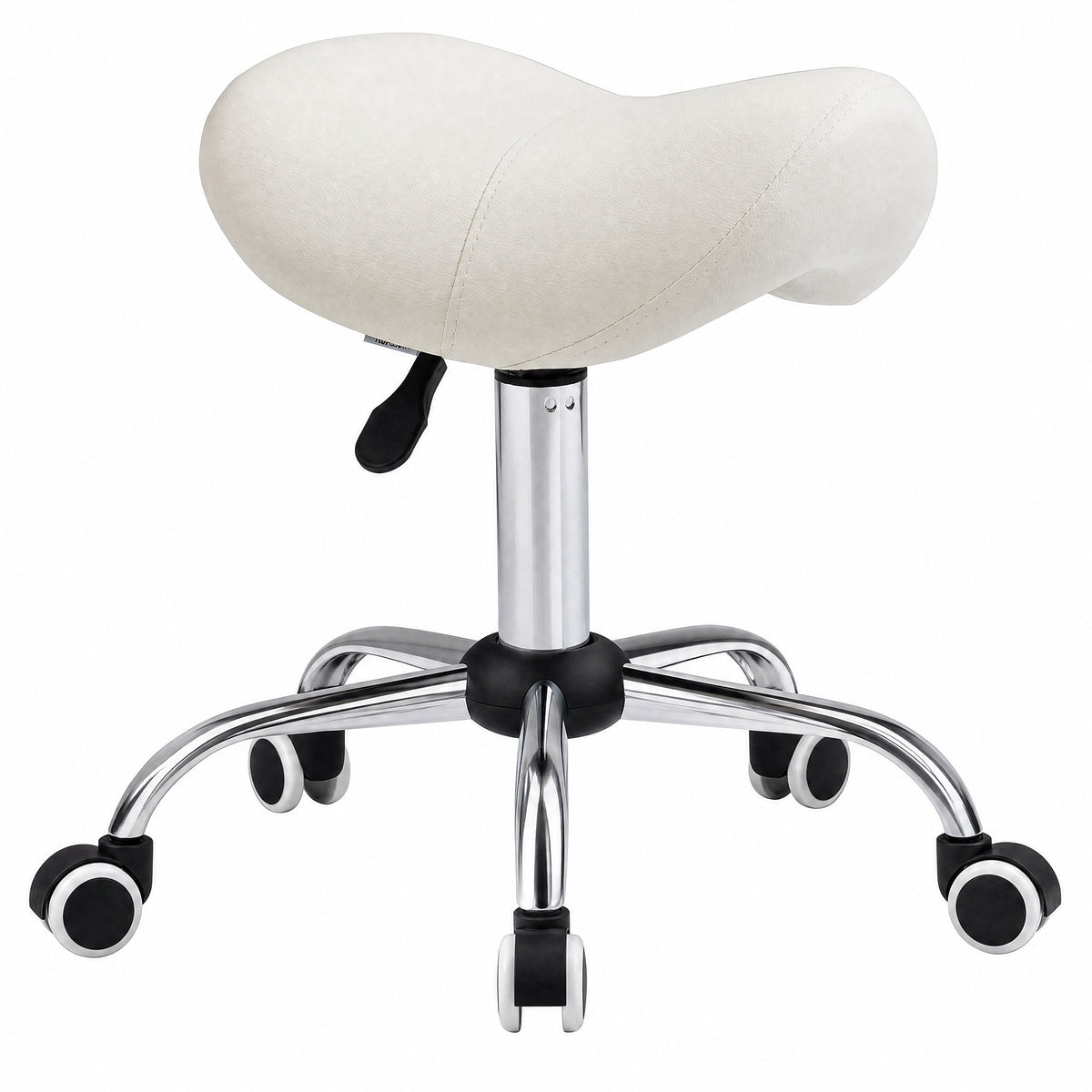 Rollhocker, Massagehocker mit höhenverstellbarer Sitzfläche 49-61 cm und ergonomischem Sattelsitz, 360° drehbarer Arbeitshocker auf Rollen, für Massage, Tattoo, Klinik, Spa, weiß