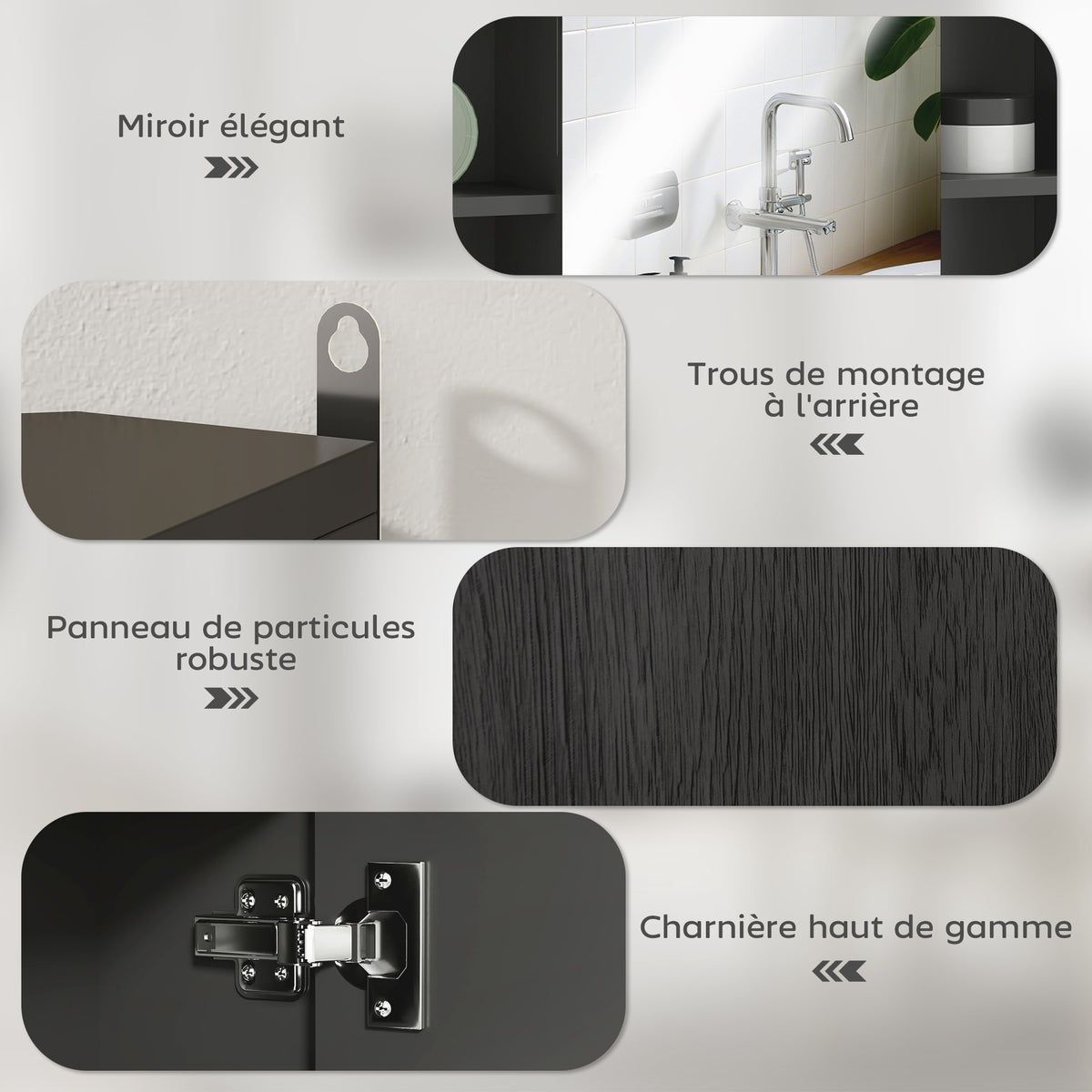 Meuble salle de bain avec miroir, placard à portes et 6 compartiments ouverts, 60 x 14,5 x 49,4 cm, noir
