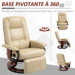 Fauteuil relax inclinable repose-pieds réglable pivotant 360° piètement bois revêtement PU respirant et doux crème