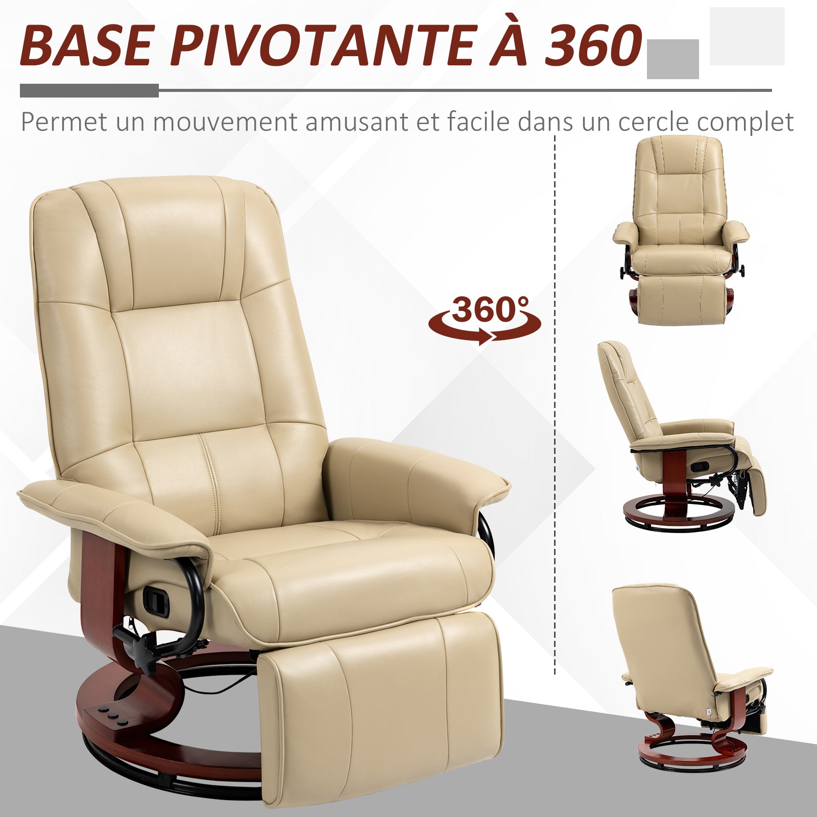 Fauteuil relax inclinable repose-pieds réglable pivotant 360° piètement bois revêtement PU respirant et doux crème