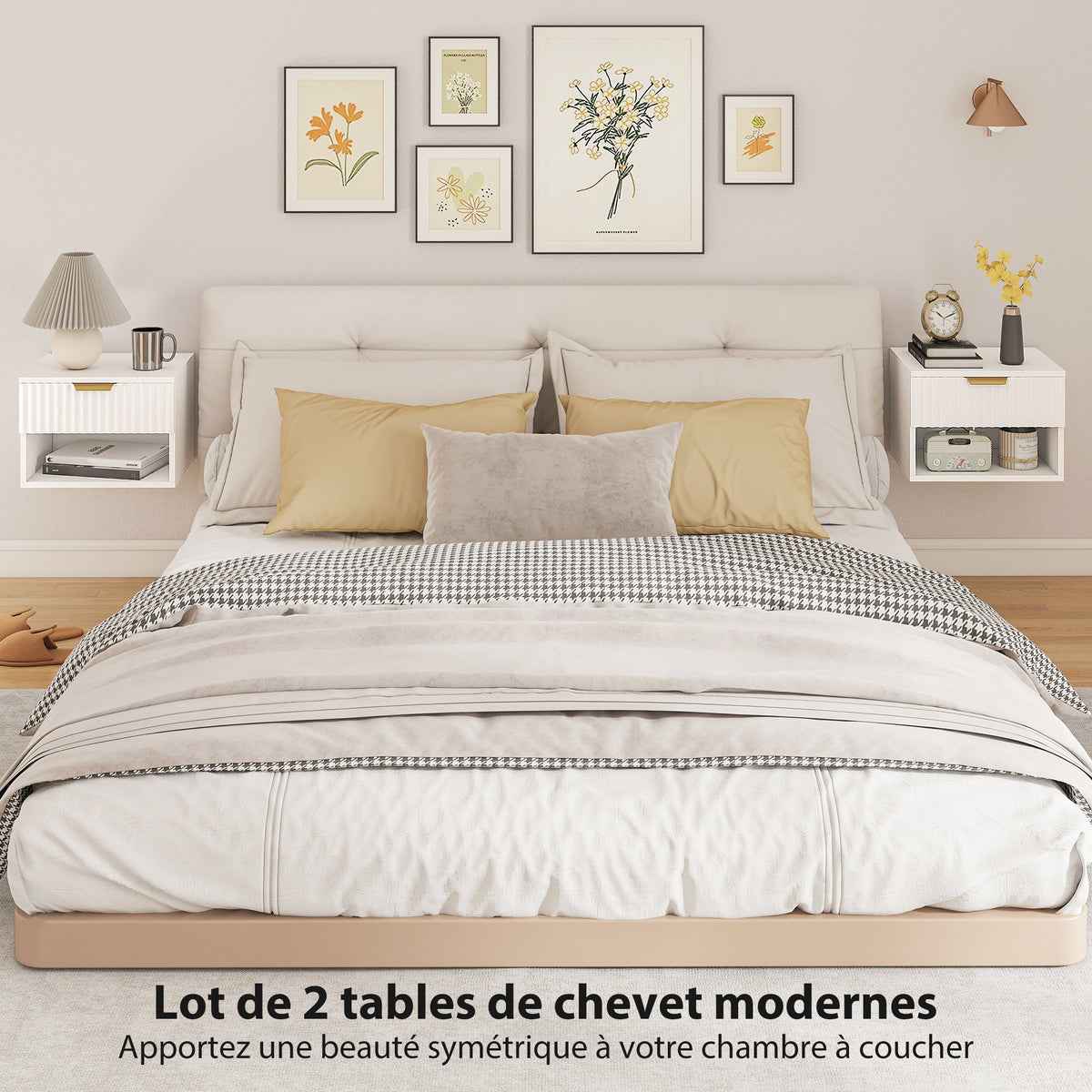 Lot de 2 tables de chevet suspendues, tables de nuit murales avec tiroir et niche, moderne, 40x34x29cm, blanc