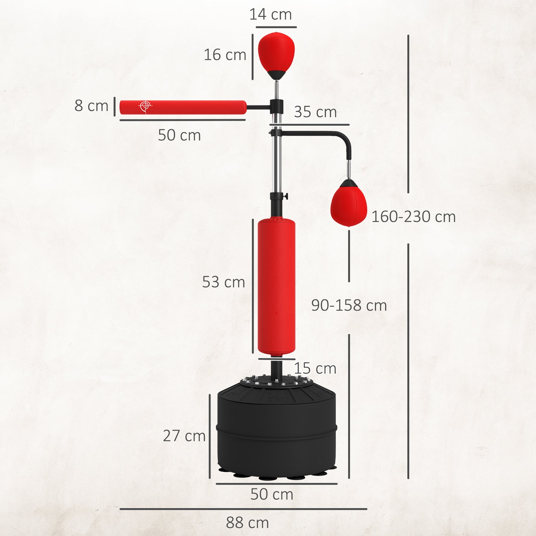 Sac de frappe sur pied 4 en 1 punching ball autonome balles de vitesse barre rotative gants 88 x 50 x 160-230 cm rouge