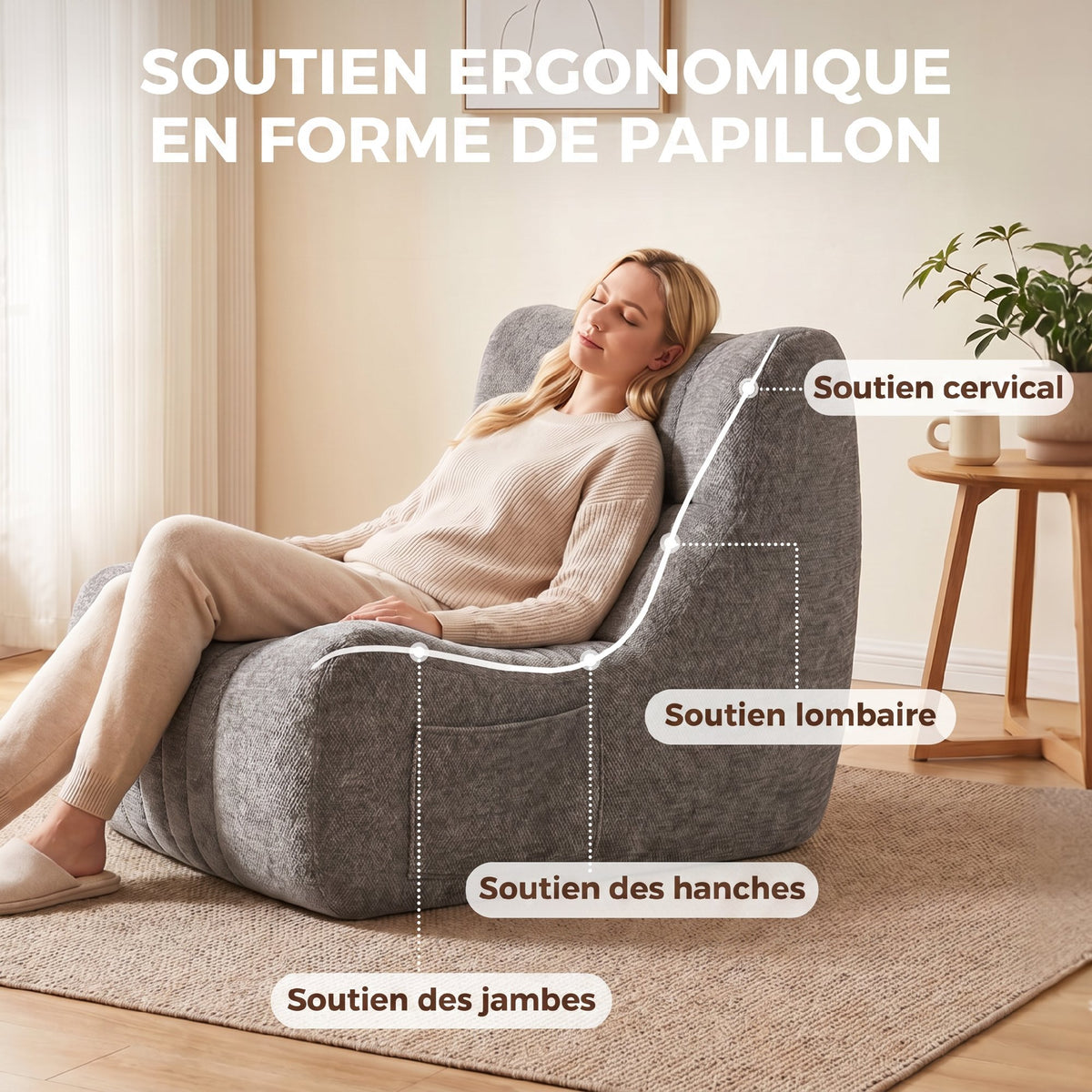 Fauler Sofa-Bodenstuhl in Schmetterlings-Silhouette mit Seitentaschen, kein Zusammenbau erforderlich, 80x90x76cm, Kastaniengrau
