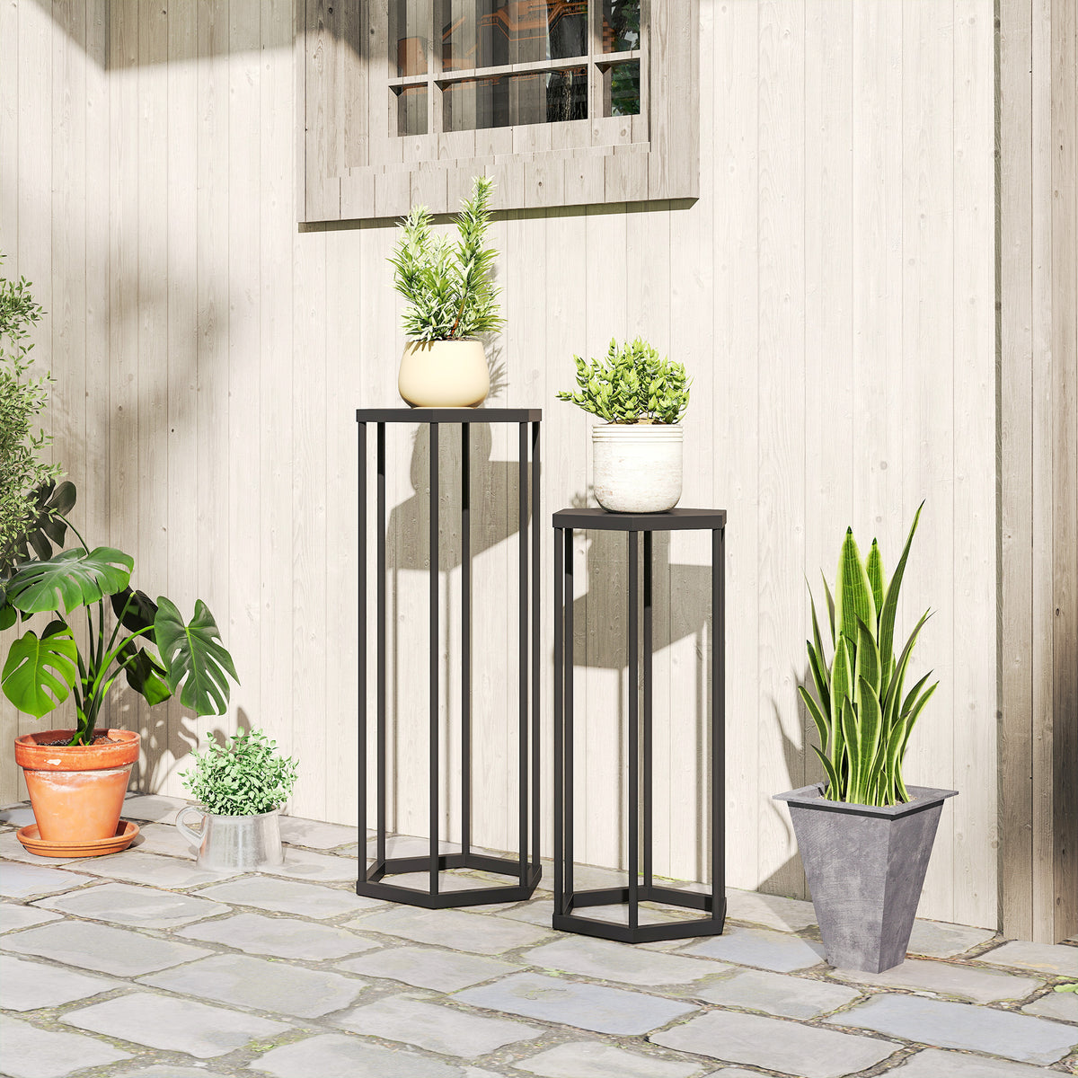 Set di 2 supporti per piante, sgabello esagonale in metallo per fiori, per interni ed esterni, nero