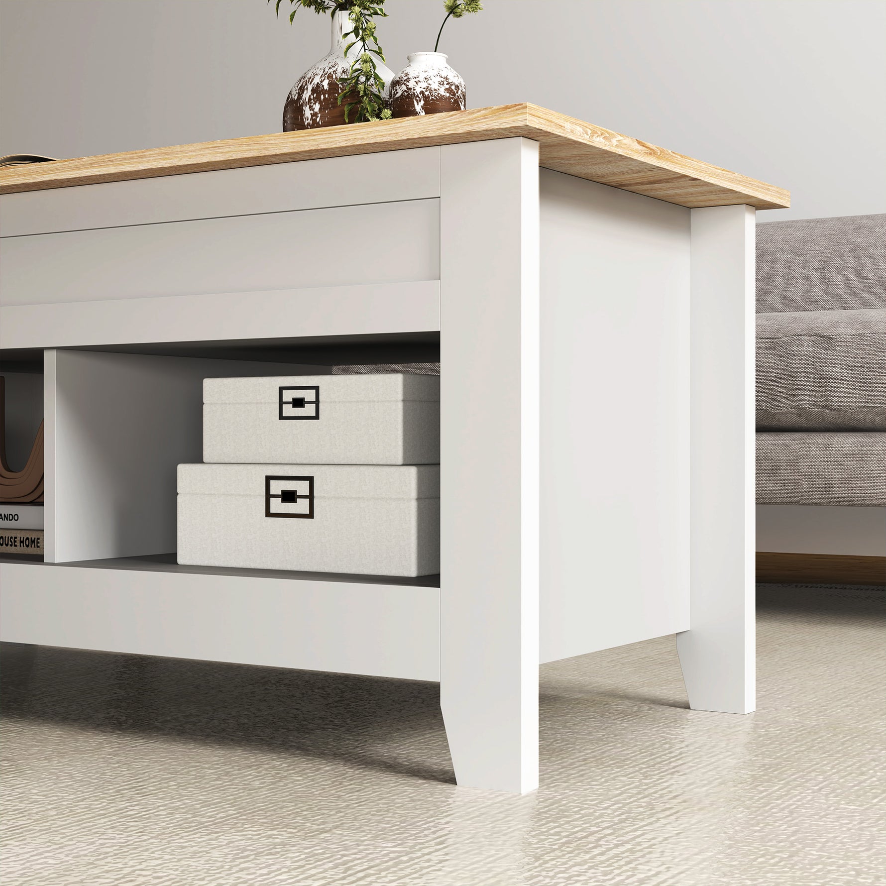 Table basse plateau relevable, table de salon avec étagères et compartiment caché,105 x 50 x 49-62,5 cm blanc