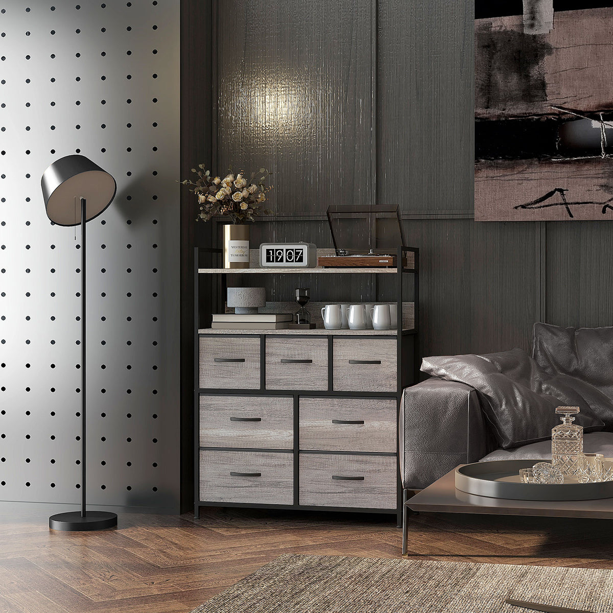 Meuble de rangement commode 7 tiroirs en tissu pliables et amovibles étagères ouvertes, gris