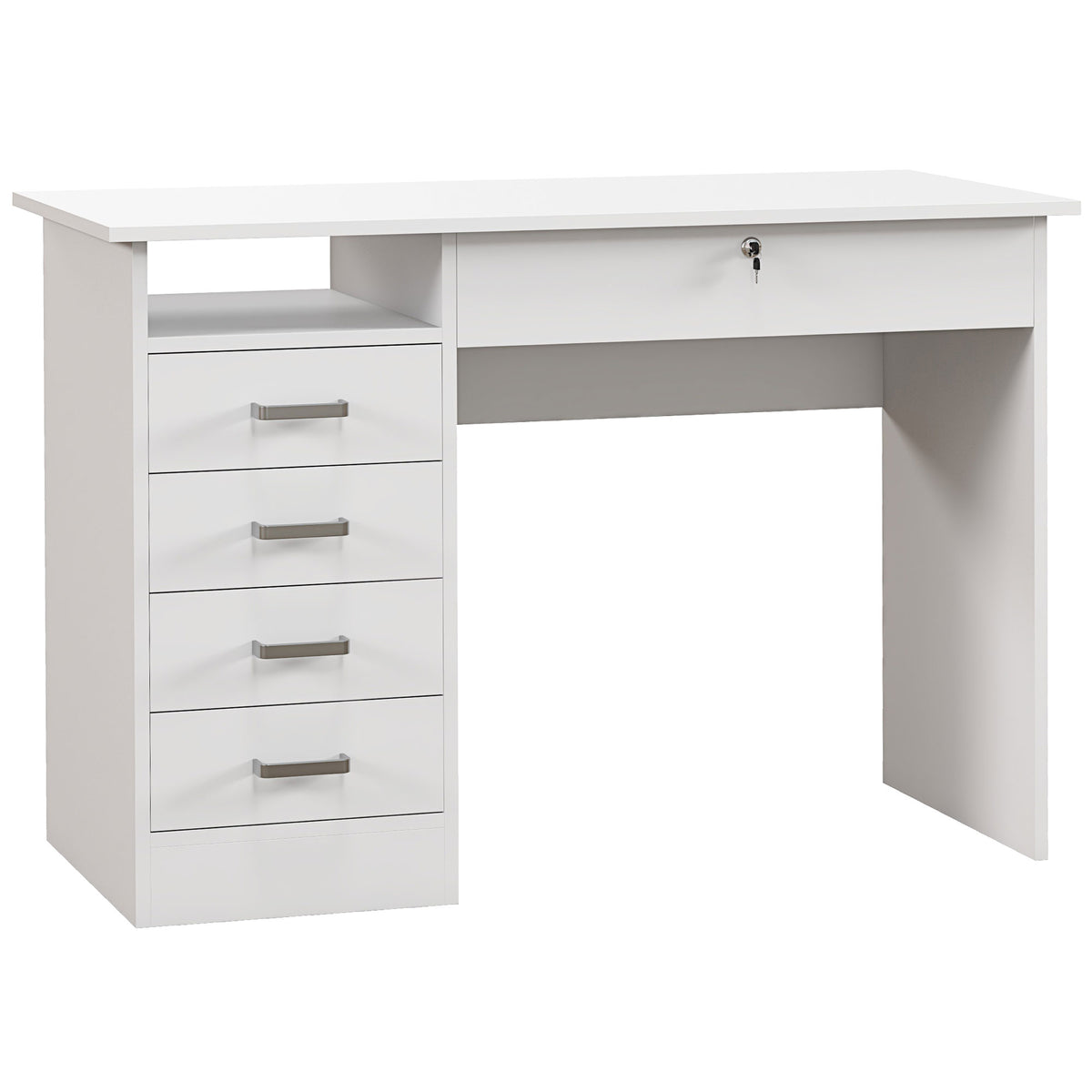 Bureau moderne avec 5 tiroirs, grand plateau, 1 compartiment ouvert, tiroir verrouillable, 110 x 50 x 76cm, blanc