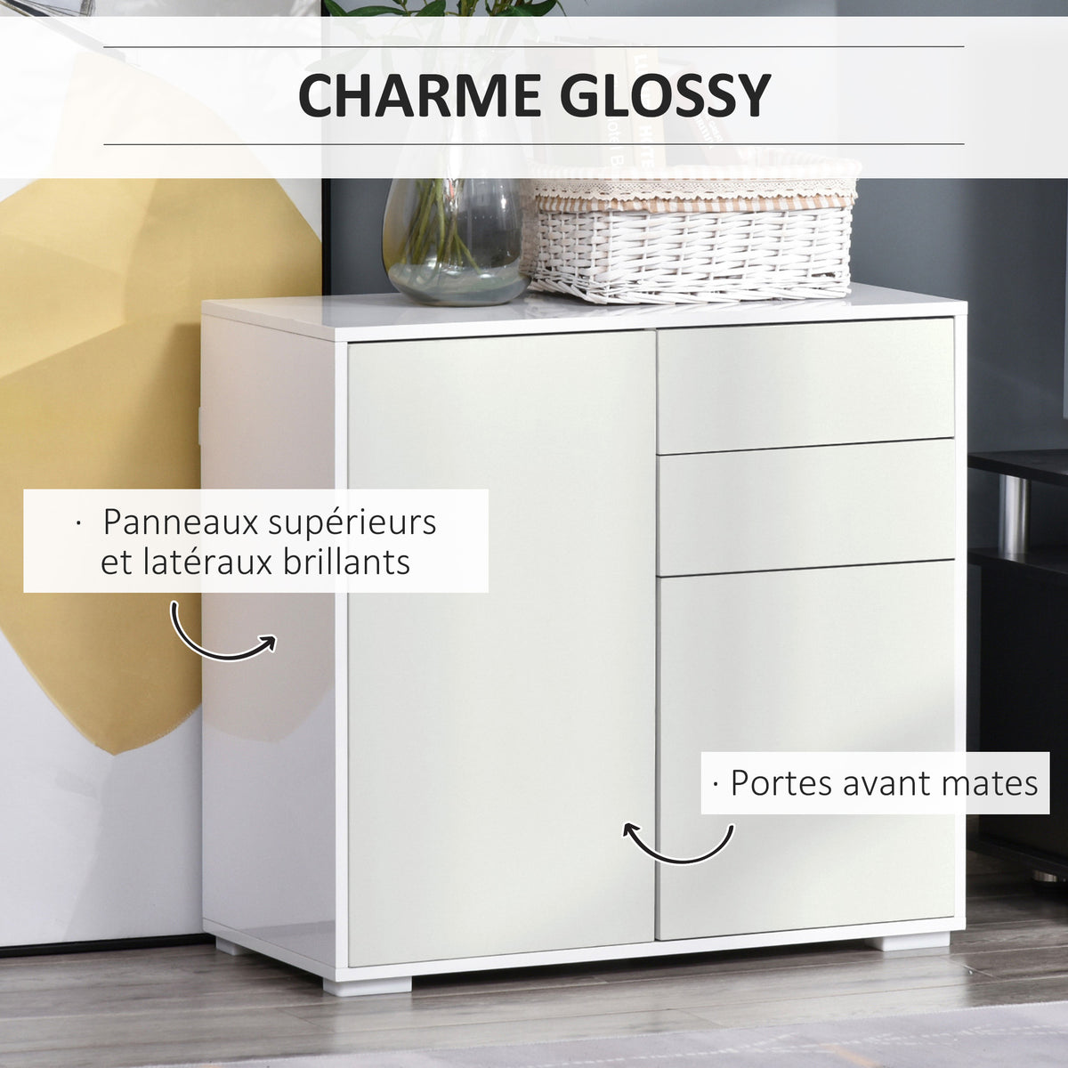 Meuble de rangement buffet commode armoire de rangement avec 2 tiroirs et 2 placards à portes, étagères réglables, pour salon, cuisine, chambre, 79 x 36 x 74 cm blanc