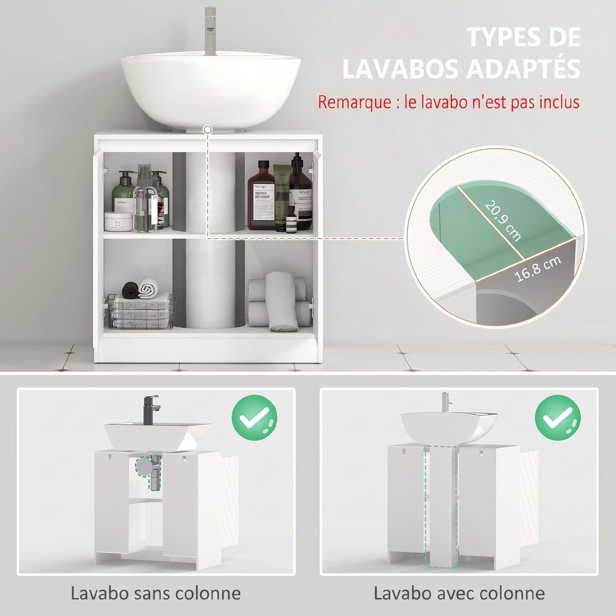 Meuble salle de bain sous Lavabo - meuble sous-vasque - placard 2 portes avec étagère blanc