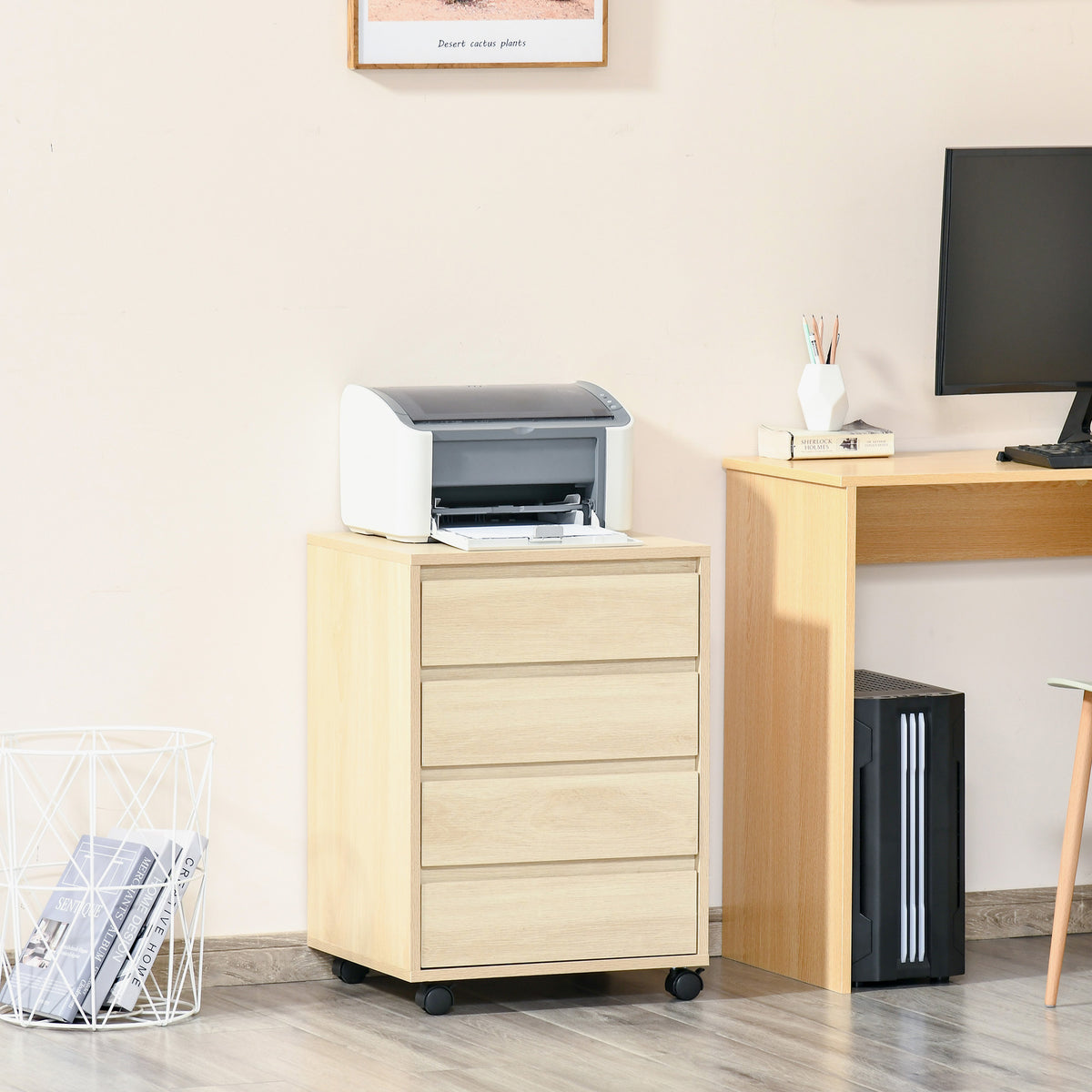 Caisson de Bureau, Rangement Bureau sur Roulettes, 4 Tiroirs Coulissants en Bois, Naturel