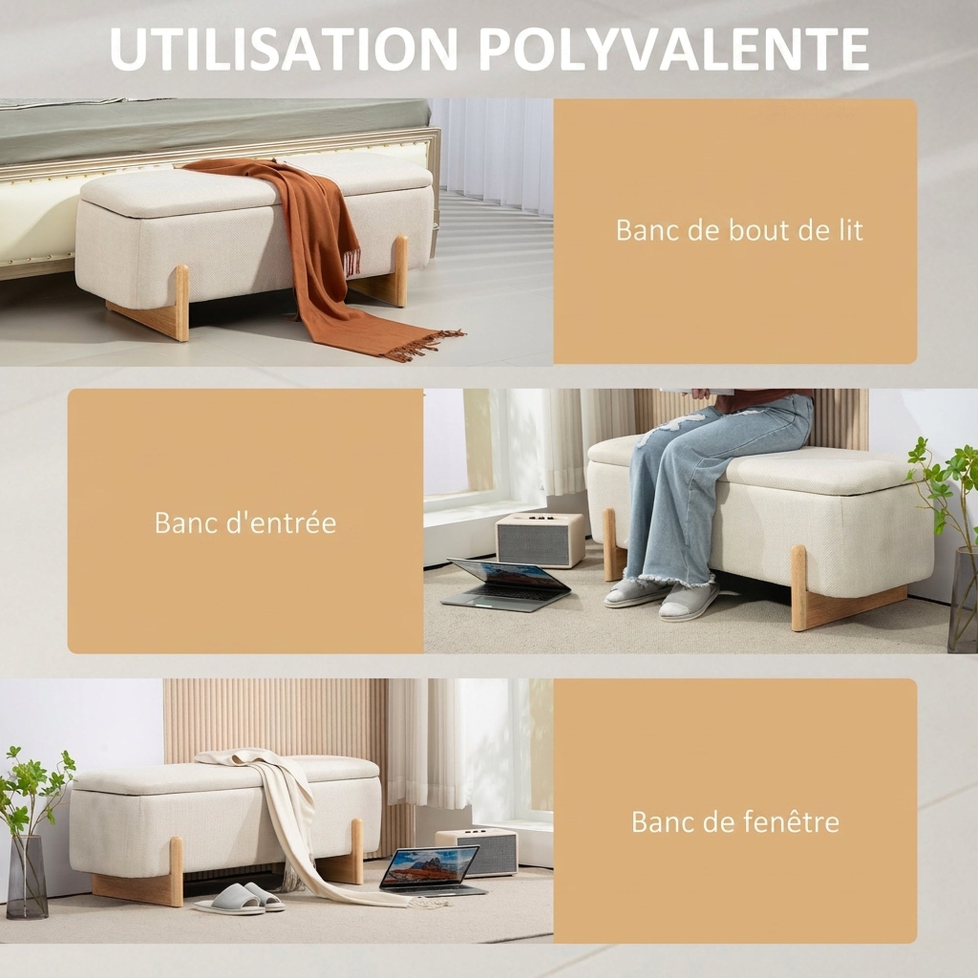 Panca contenitore, fondo letto imbottito, cerniere di sicurezza, gambe a U in legno di gomma stabile, crema