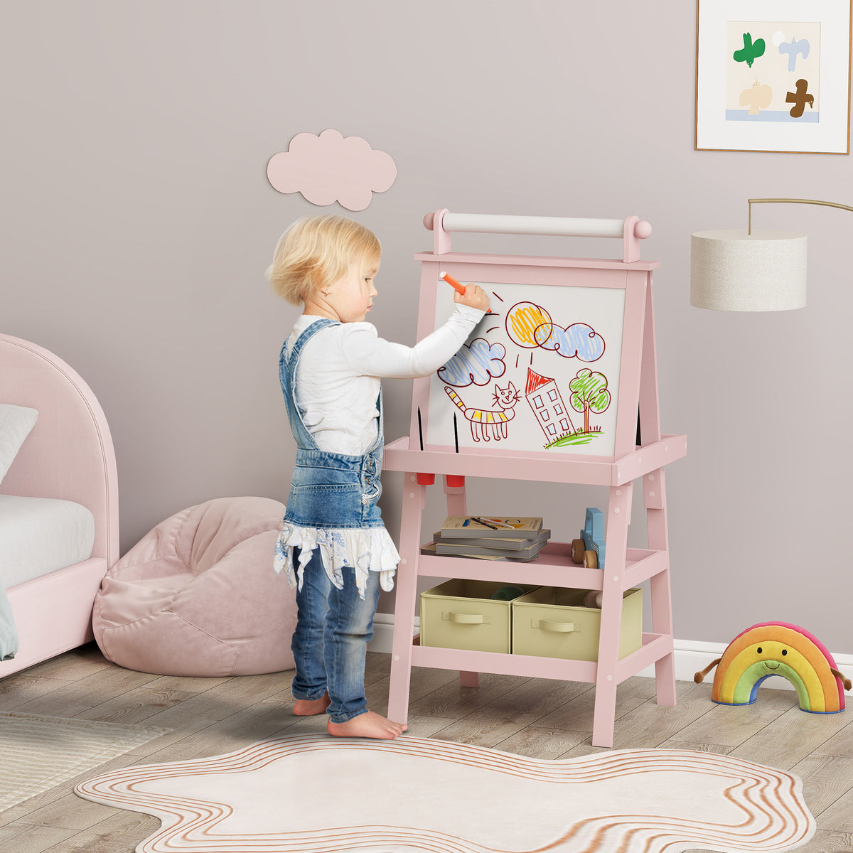 Tableau chevalet enfant 3 en 1 avec tableau blanc magnétique, tableau à craie, rouleau papier, 2 paniers, 3-6 ans, rose