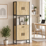 Buffet Haut Cuisine, Armoire de Cuisine, 4 Portes à Fermeture Douce, Tiroir, Plan de Travail, 60x30x170cm, Bois Naturel