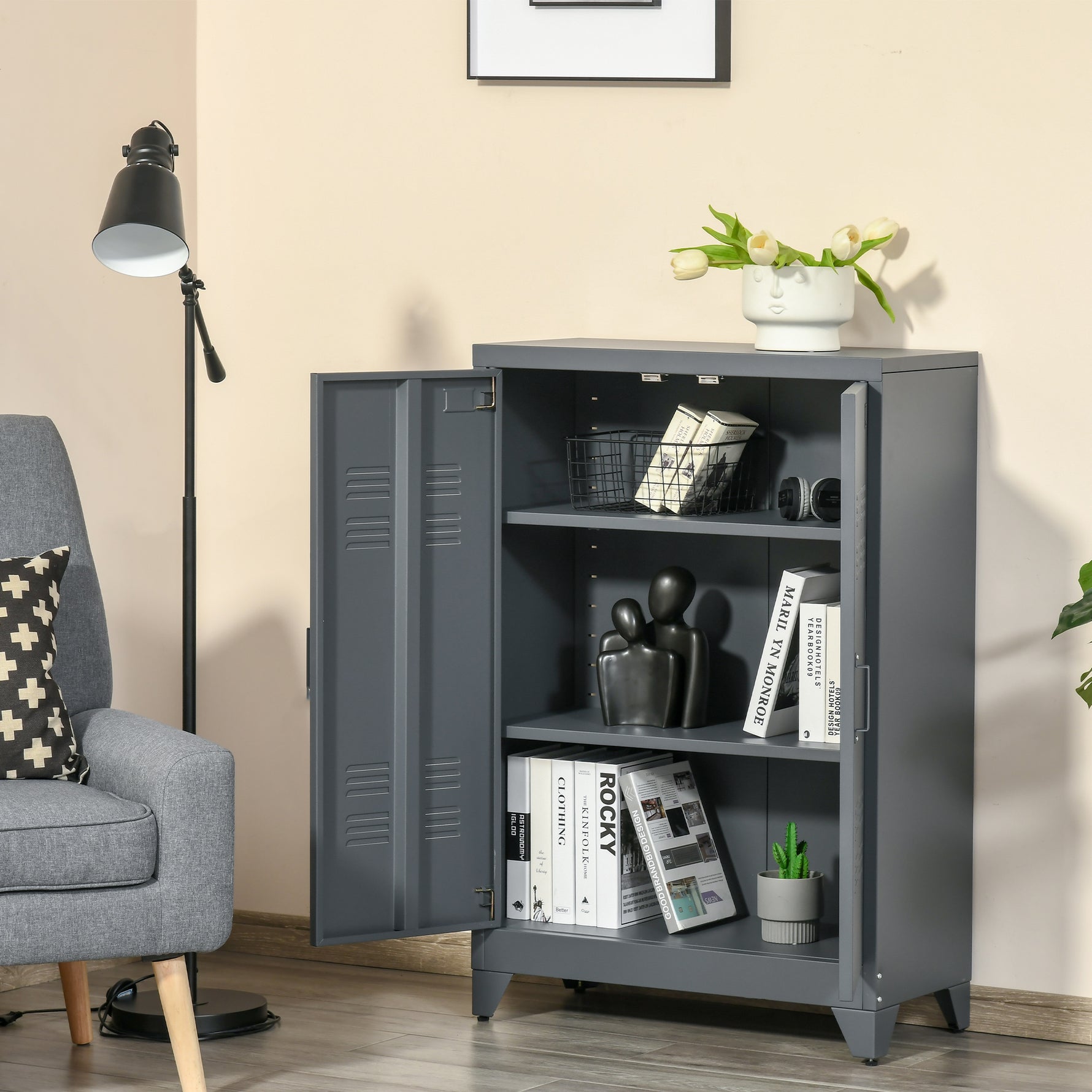 Armoire de bureau à 3 niveaux, meuble de rangement bureau métallique avec 2 portes et étagères réglables