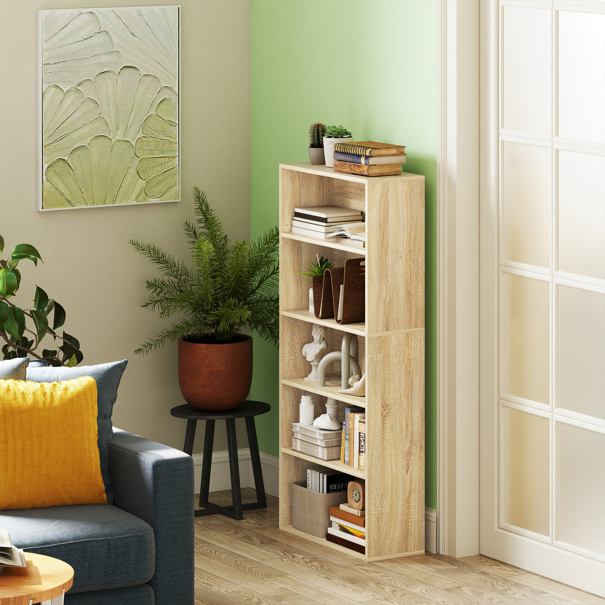 Bibliothèque étagère de rangement 5 niveaux avec étagères réglables pour salon, chambre, bureau, 60x24x133,5cm, naturel