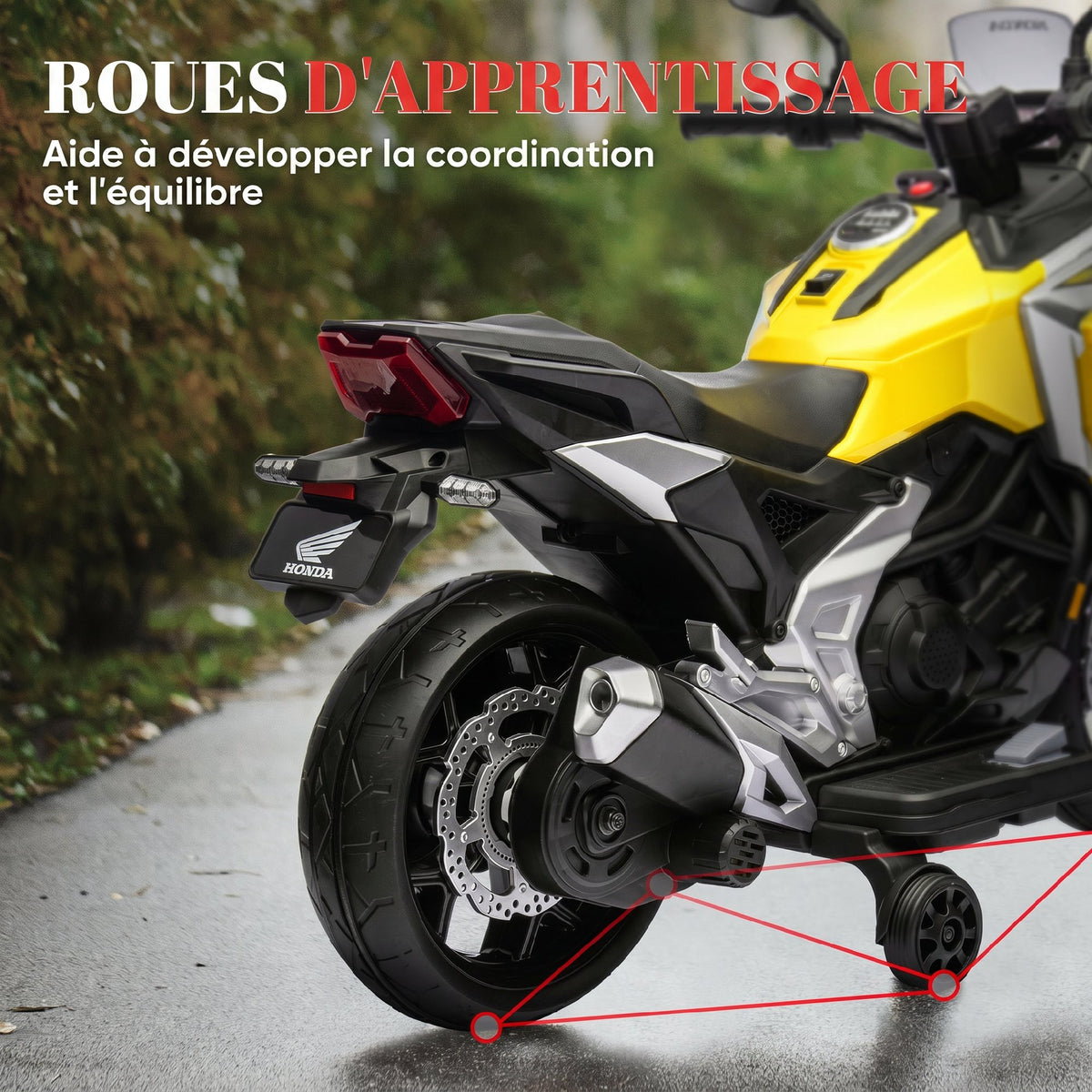 Moto électrique pour enfants moto porteur Honda pour enfants 3 à 6 ans avec musique, phares jaune