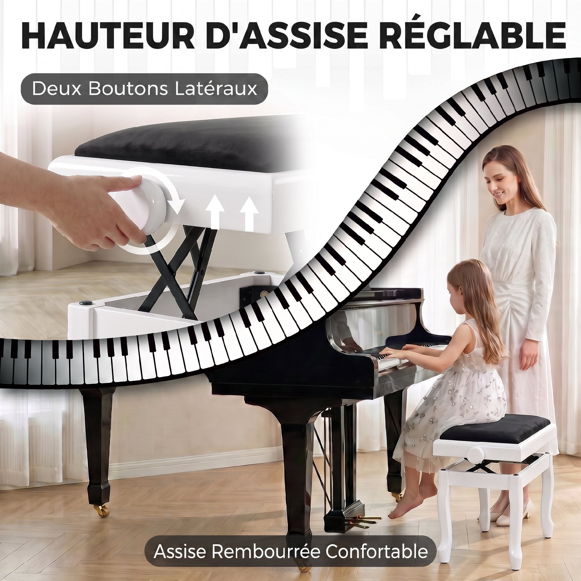 Banc de Piano, Tabouret Piano Réglable en Hauteur 45-56 cm, Banc de Clavier, Siège Rembourré en Velours, Blanc