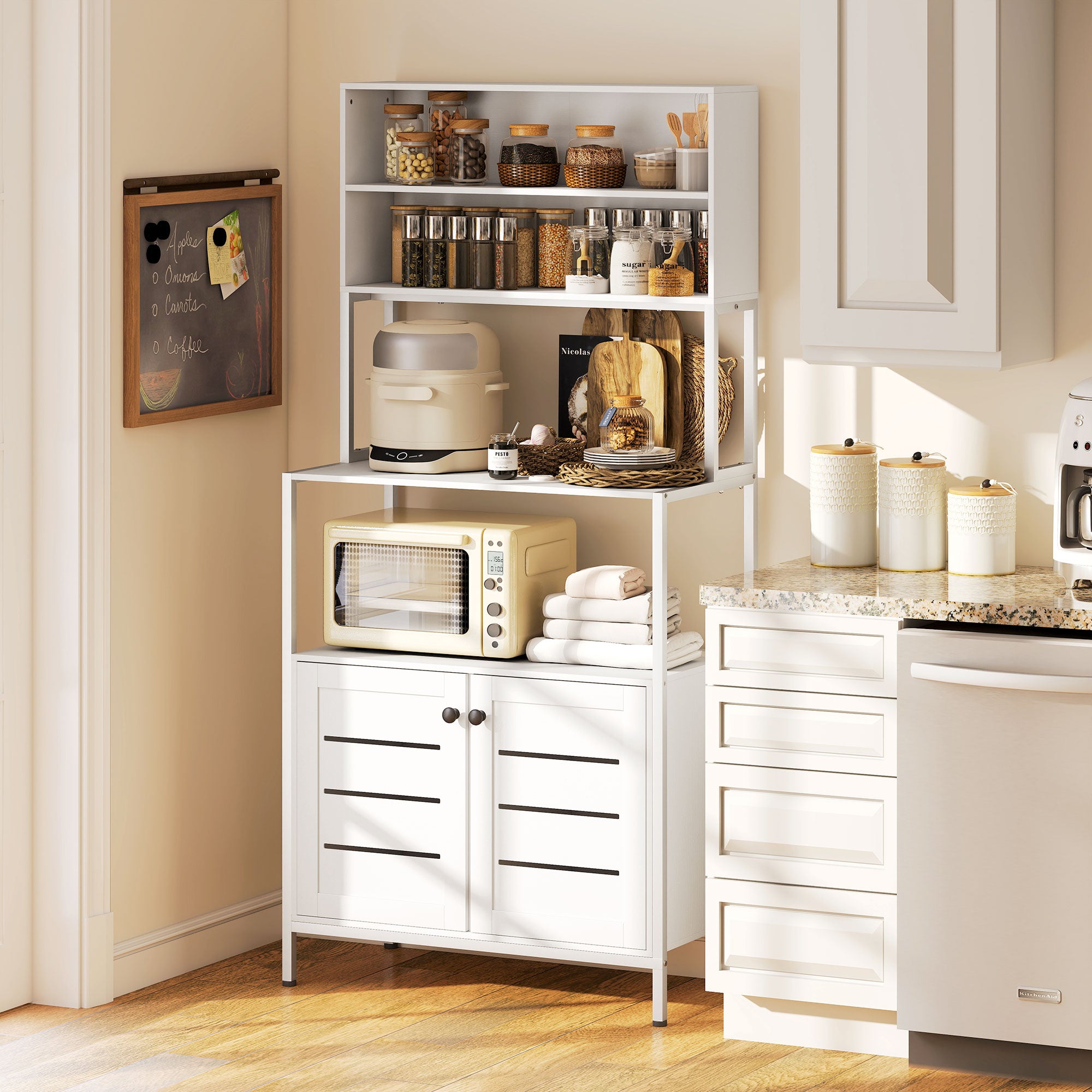 Estante de cocina para microondas con regleta, doble puerta de persiana, compartimentos abiertos, 80x42x171cm, blanco