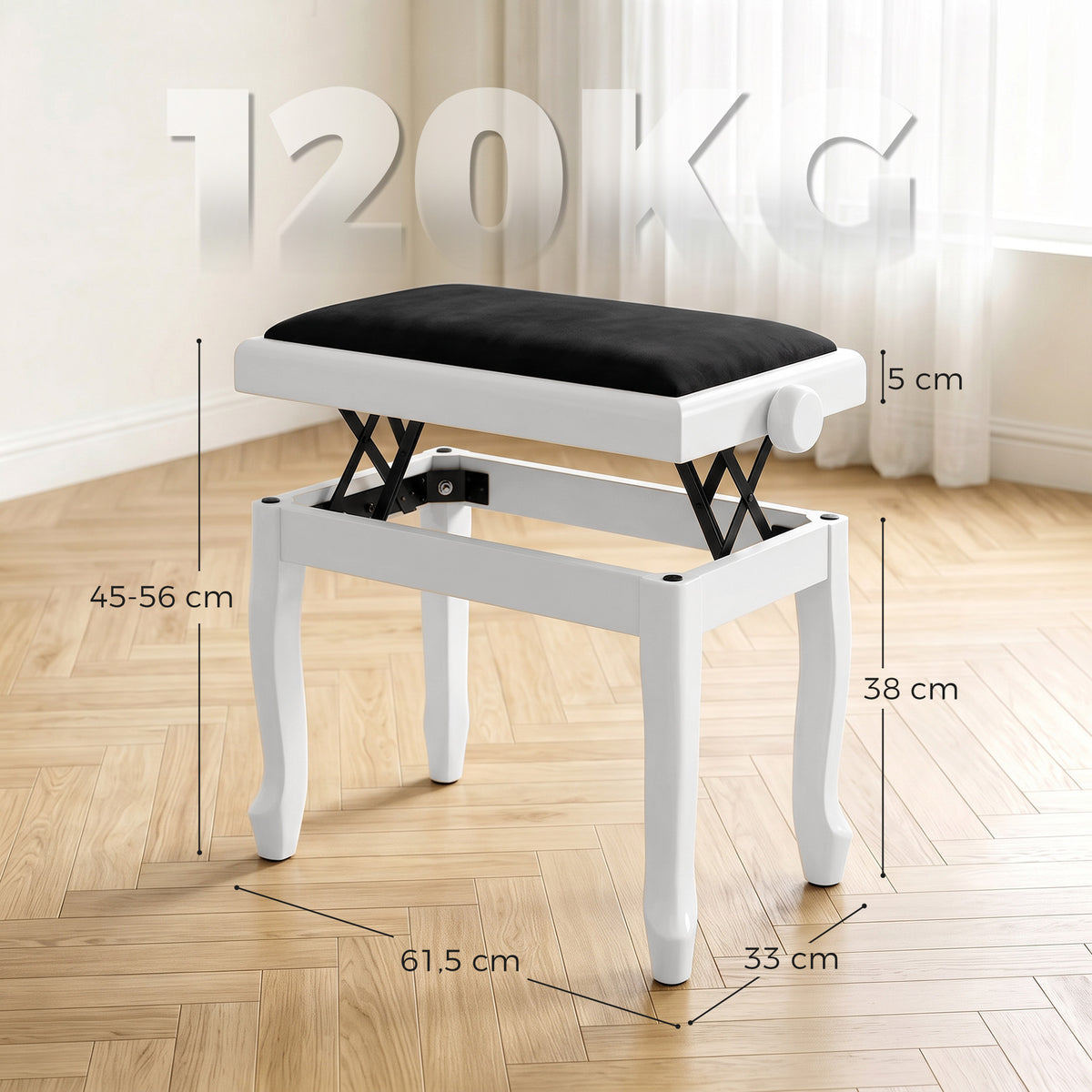 Banc de Piano, Tabouret Piano Réglable en Hauteur 45-56 cm, Banc de Clavier, Siège Rembourré en Velours, Blanc