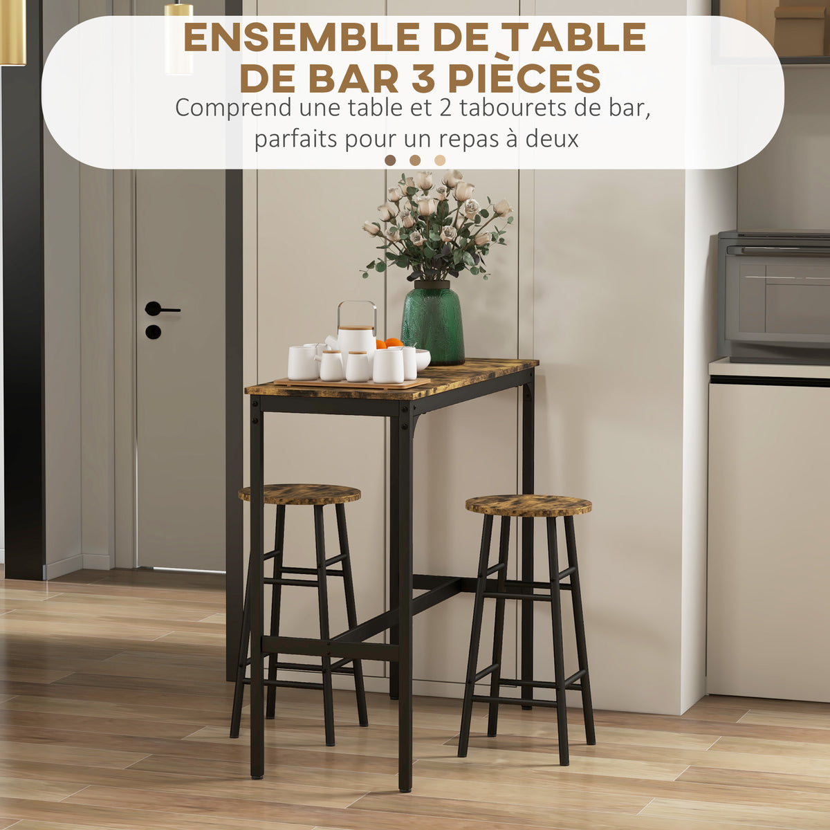 Conjunto de mesa alta de bar + 2 taburetes, estructura de acero, tablero con efecto madera de caoba, para 2 personas, negro