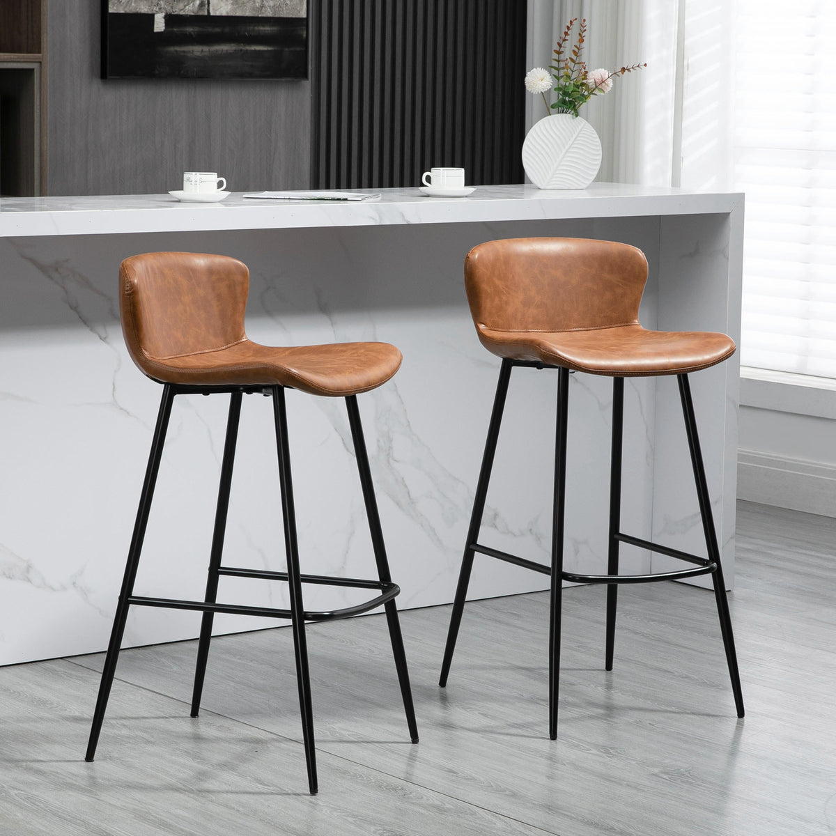 2er-Set Barhocker Sitzfläche aus Kunstleder Höhe 76 cm mit Fußstütze aus Stahl und Rückenlehne Vintage-Design braun