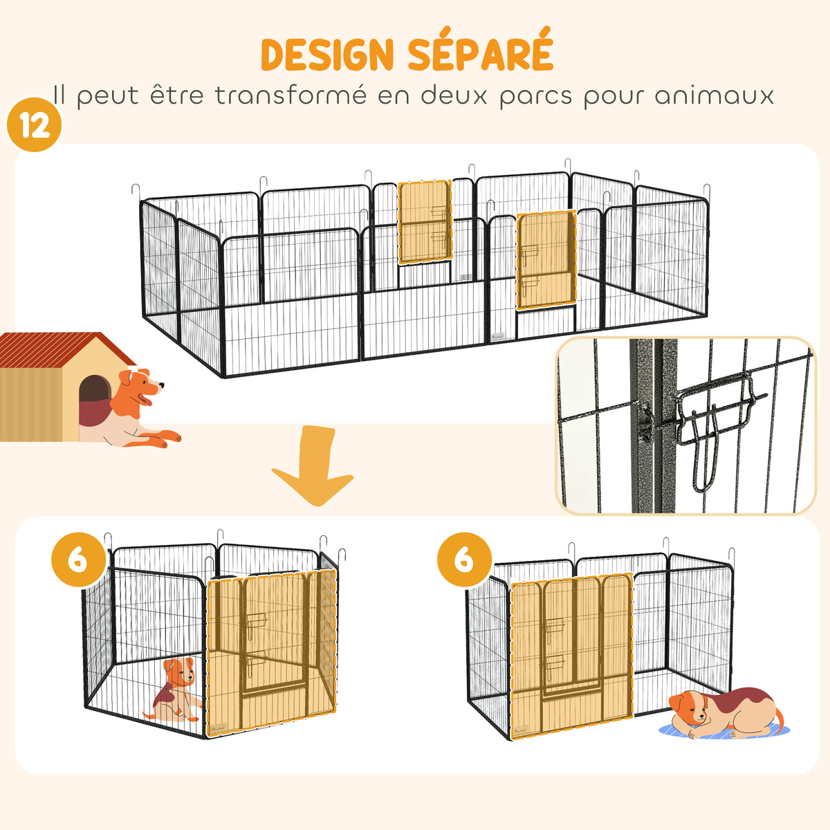 Parc enclos modulable acier époxy porte verrouillable pour chiens petits animaux intérieur et extérieur 80 x 80 cm gris