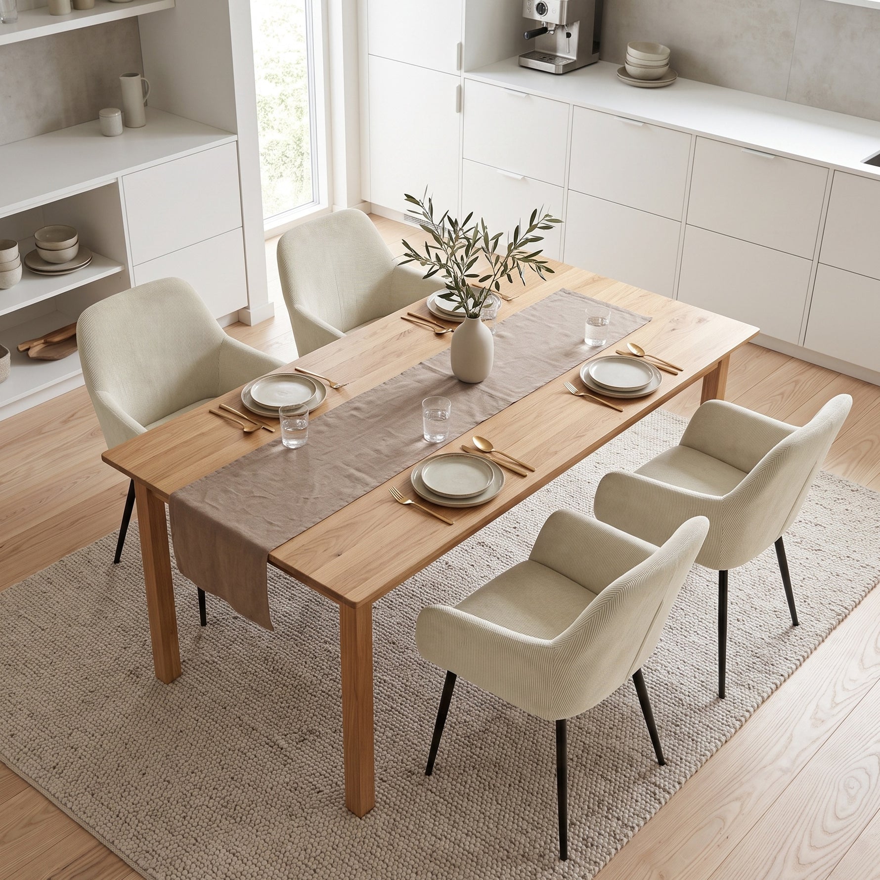 Lot de 2 chaises de salle à manger, chaises de cuisine rembourrées en velours côtelé avec accoudoirs et dossier, crème