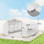 Serre Tunnel de Jardin 13,35 m² dim. 4,5L x 3l x 2H m Porte + 6 fenêtres enroulables Acier galvanisé bâche PE Haute densité Blanc