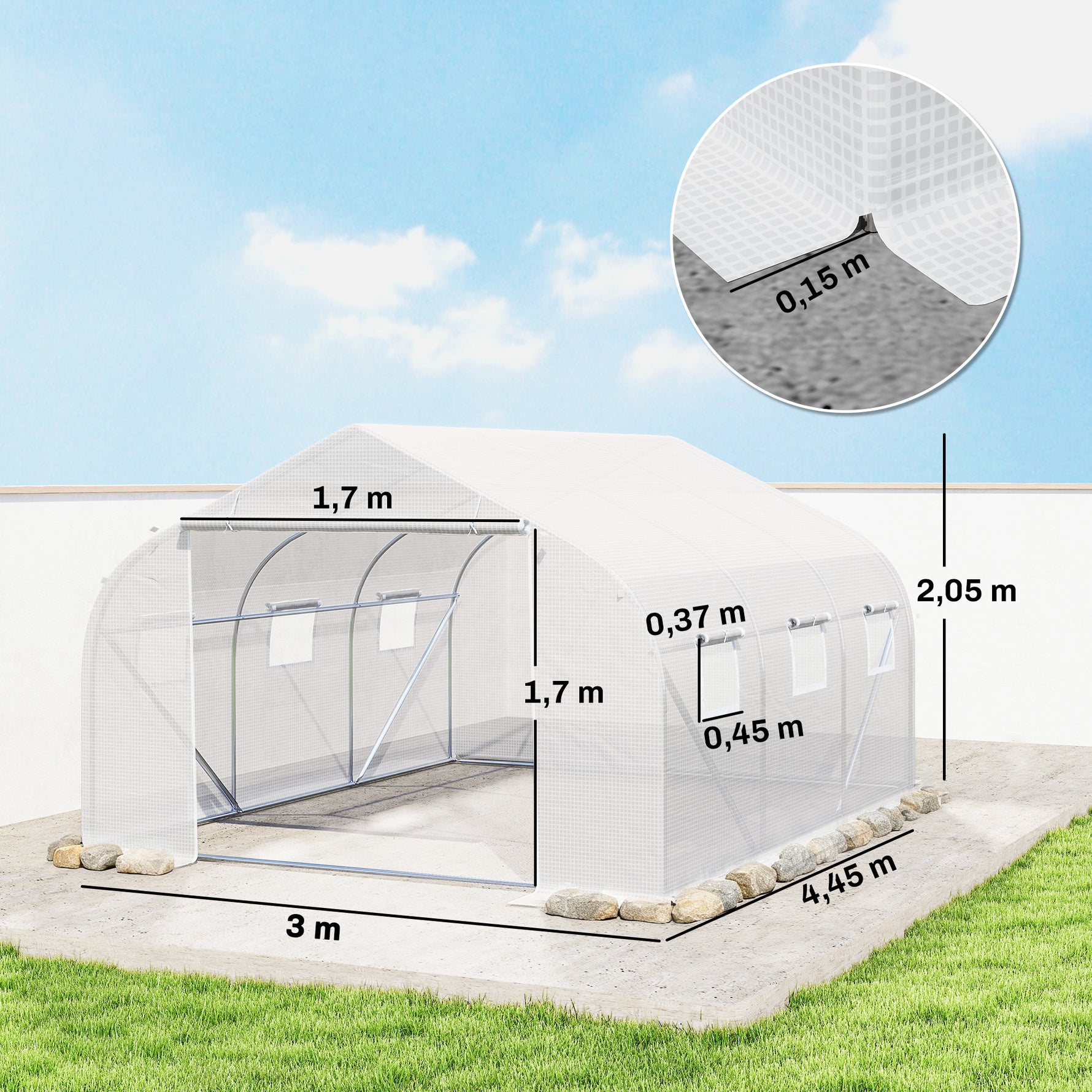 Serre Tunnel de Jardin 13,35 m² dim. 4,5L x 3l x 2H m Porte + 6 fenêtres enroulables Acier galvanisé bâche PE Haute densité Blanc