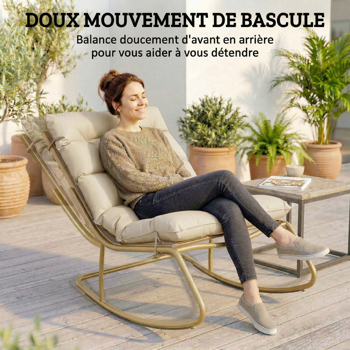 Fauteuil à Bascule Extérieur Coussin Moelleux 125cm Large 64cm en Acier et Textilène Beige et Doré