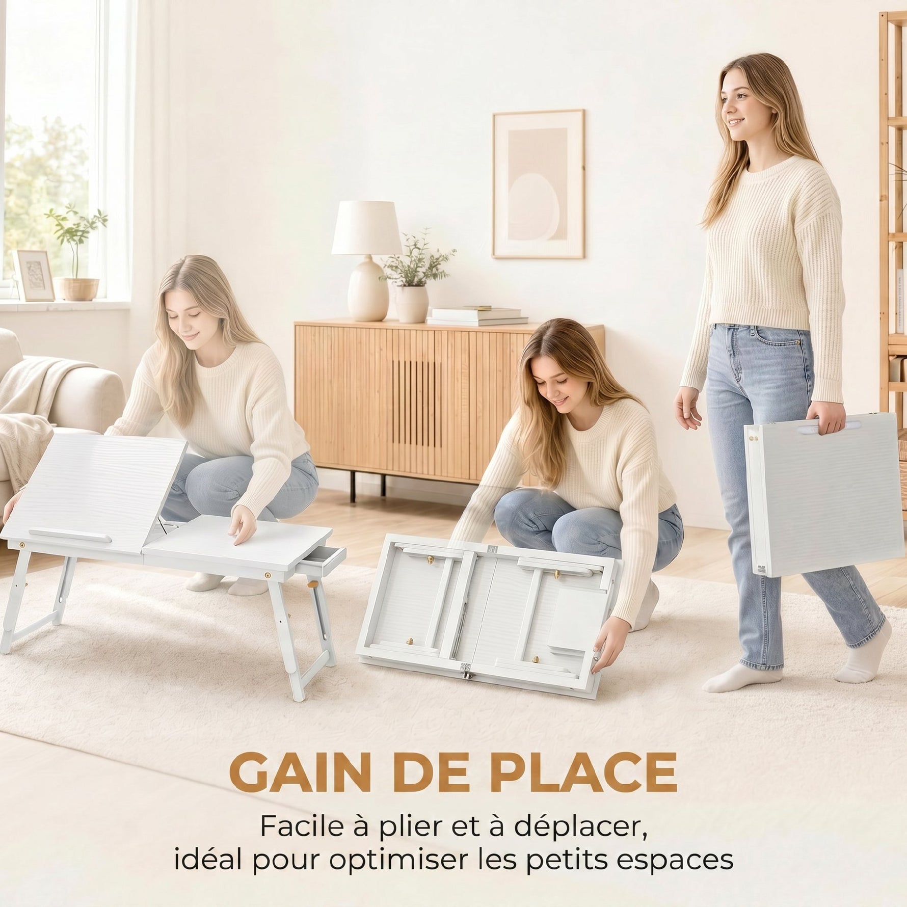 Table de lit pliable et réglable, plateau de lit pour ordinateur portable en bambou plateau inclinable 83,5x33x34cm blanc