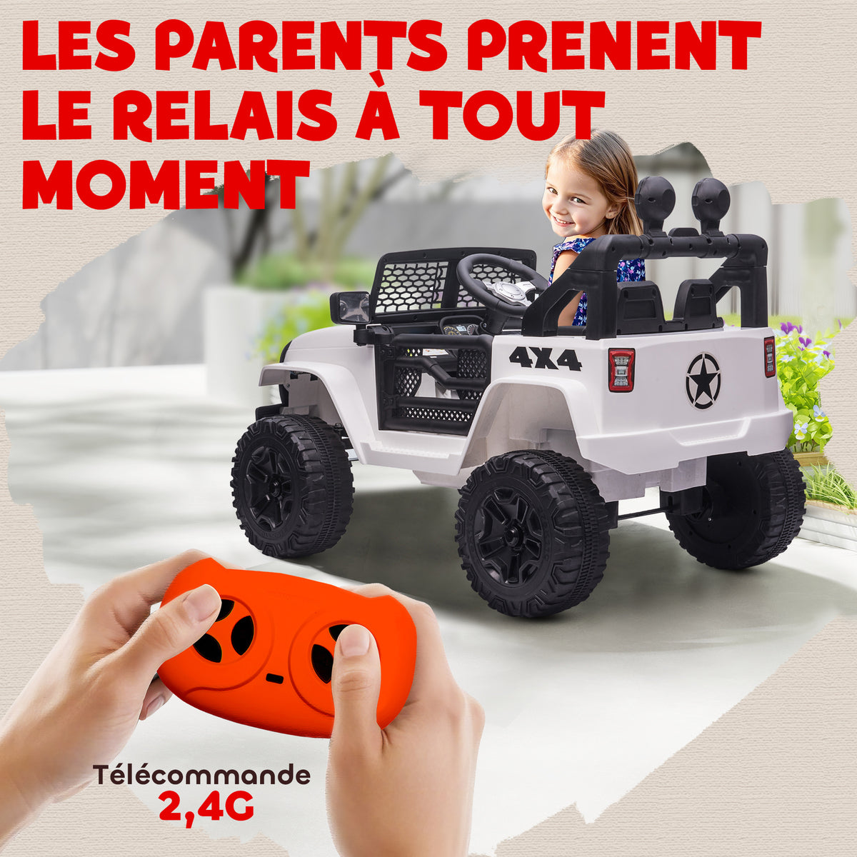 Kids' Electric Car, Rear-Wheel Drive, 12V, 5 km/h Max, Remote Control Included, Light and Sound Effects, Dim. 100L x 65W x 72H cm, White