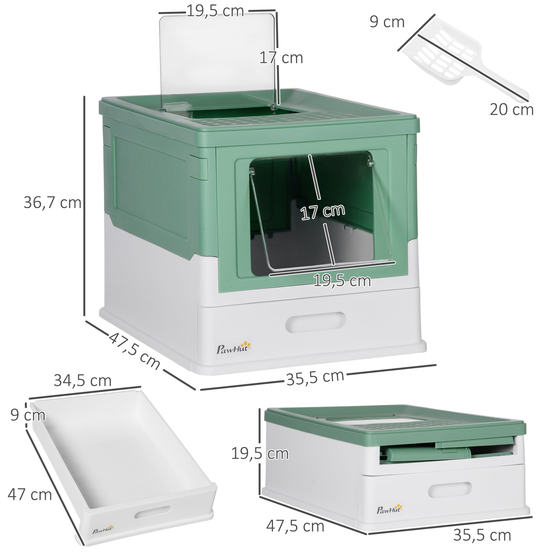 Maison de toilette pour chat pliable double porte battante et supérieure pelle fourni 47,5 x 35,5 x 36,7 cm vert