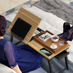 Table de lit pliable et réglable, plateau de lit pour ordinateur portable en bambou - plateau inclinable, tiroir, chêne