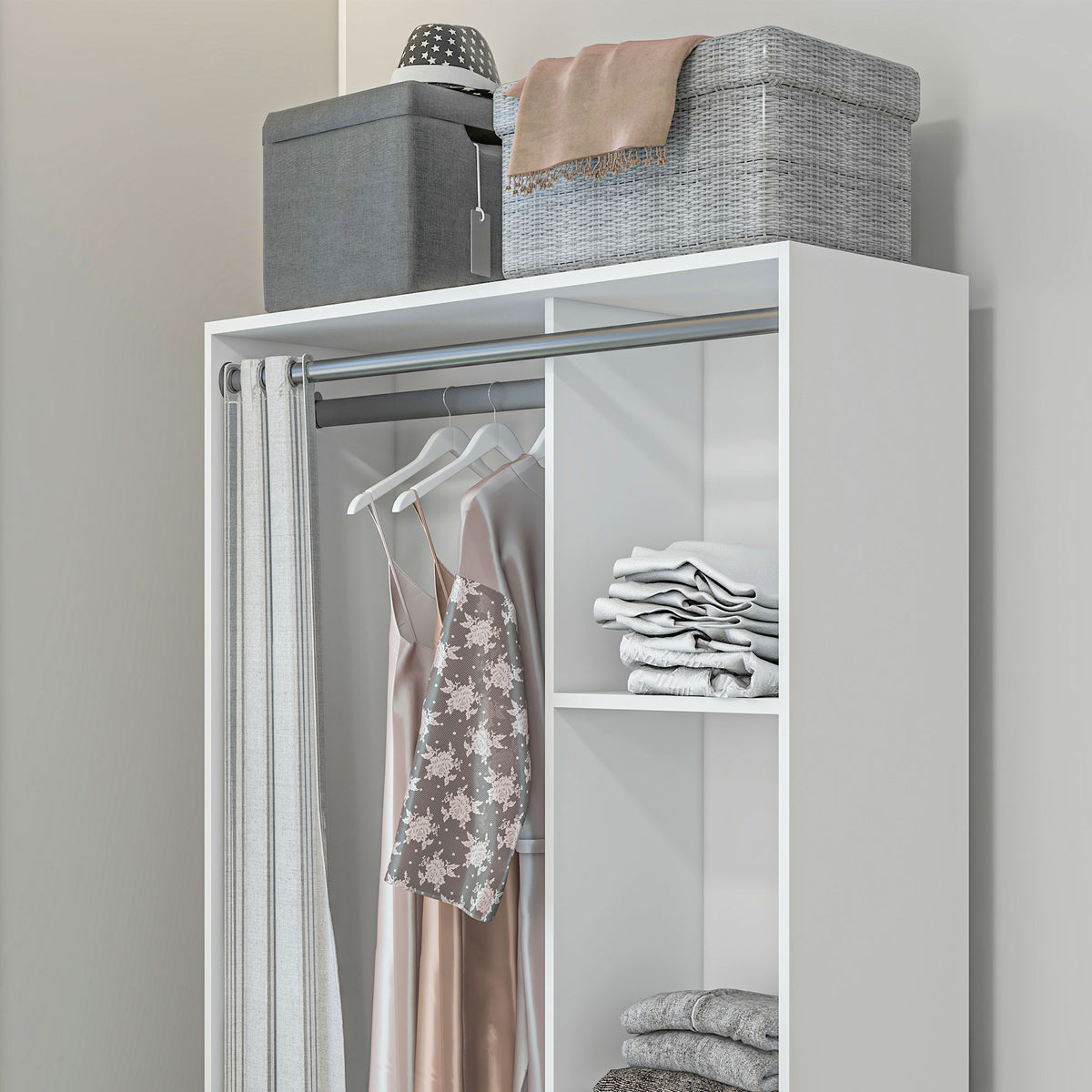 Armadio guardaroba armadio contenitore con asta appendiabiti, tende e 3 cassetti in tessuto rimovibili, 105 x 48 x 160 cm, bianco