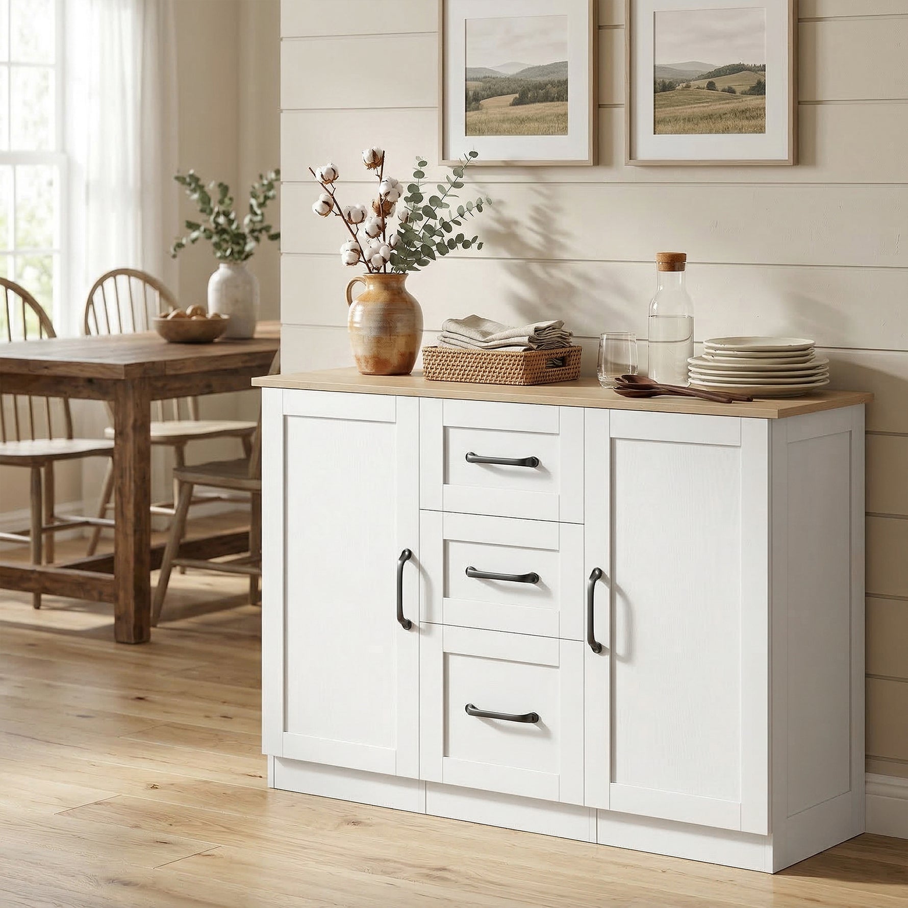 Buffet salon, meuble de rangement avec 2 portes à fermeture douce et 3 tiroirs, 110x35x80,4cm, blanc et bois naturel