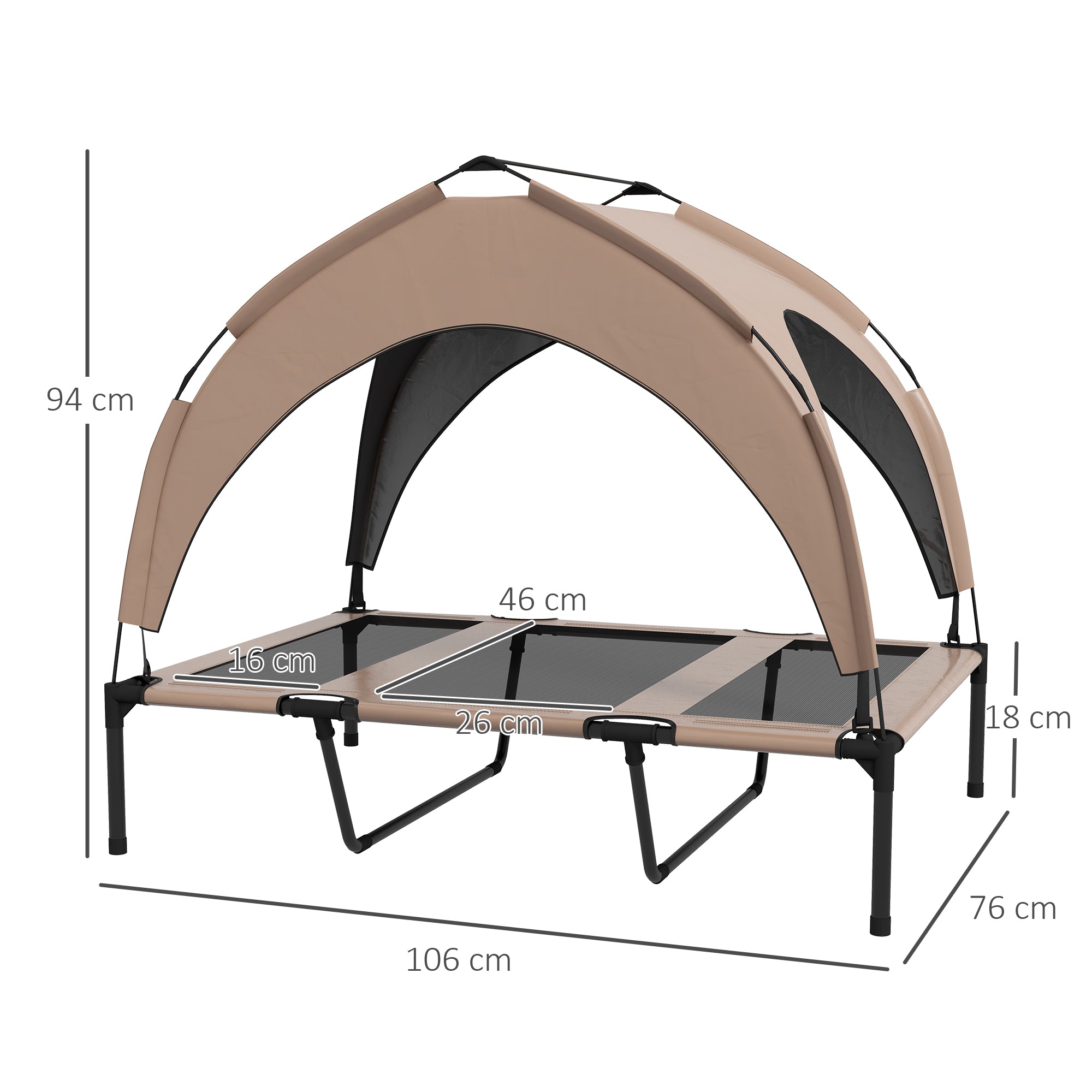 Raised dog and cat bed with legs, elevated pet bed, UV-resistant canopy, oxford fabric, carrying bag, 106 x 76 x 94 cm, coffee