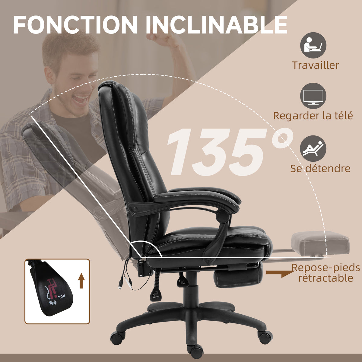 Fauteuil de bureau massant, chaise de bureau avec hauteur réglable, dossier inclinable et télécommande filaire, noir