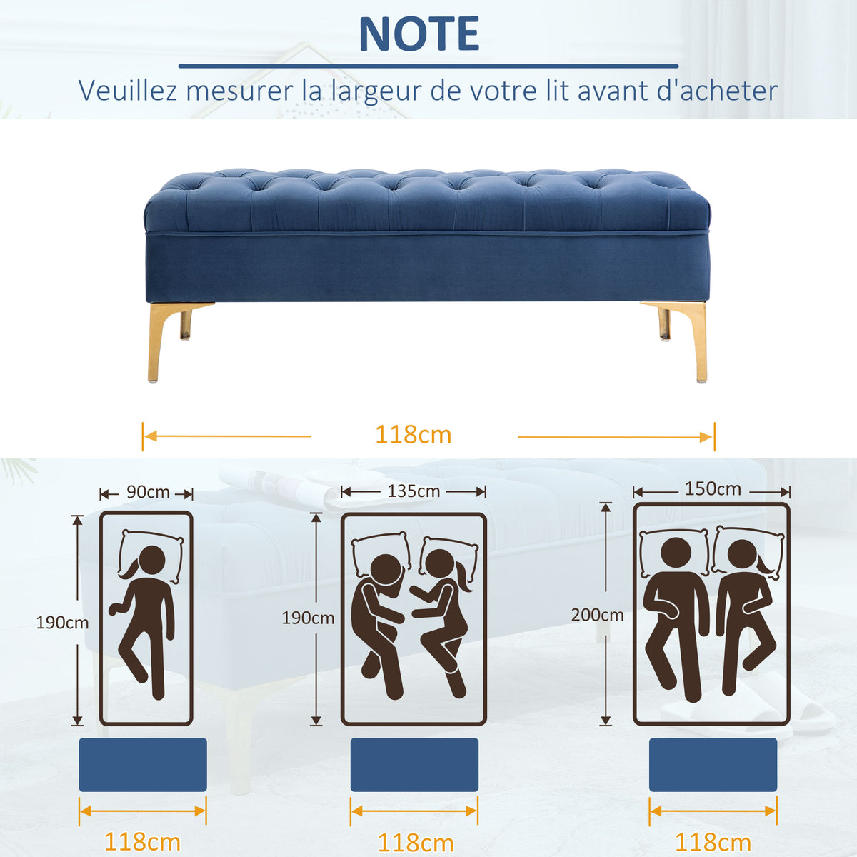 Panca imbottita capitonné fondo letto stile classico chic 118L x 45p x 42A cm gambe in metallo dorato velluto blu