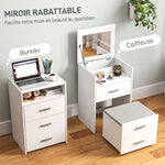 Coiffeuse avec miroir relevable et tabouret à roulettes, table de maquillage avec 2 tiroirs, coussin amovible, blanc