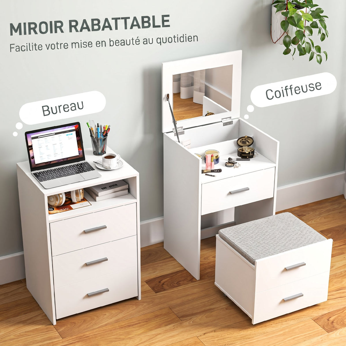 Coiffeuse avec miroir relevable et tabouret à roulettes, table de maquillage avec 2 tiroirs, coussin amovible, blanc