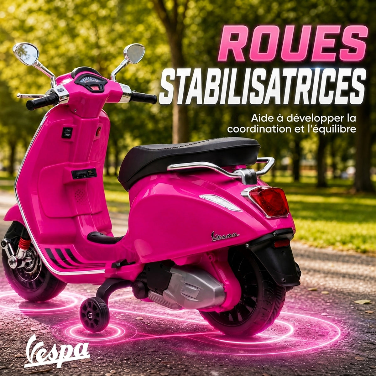 Scooter électrique enfant Vespa 6 V dim. 107L x 47l x 73H cm Musique MP3 Port USB Phare 2 roues d'entraînement - Rose