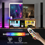 Meuble TV avec lumières LED et télécommande, étagères et compartiments ouvert, 140x35x47cm, marron