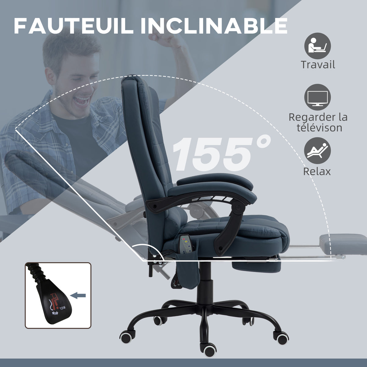 Fauteuil de bureau massant, chaise de bureau avec hauteur réglable, dossier inclinable et télécommande filaire, bleu
